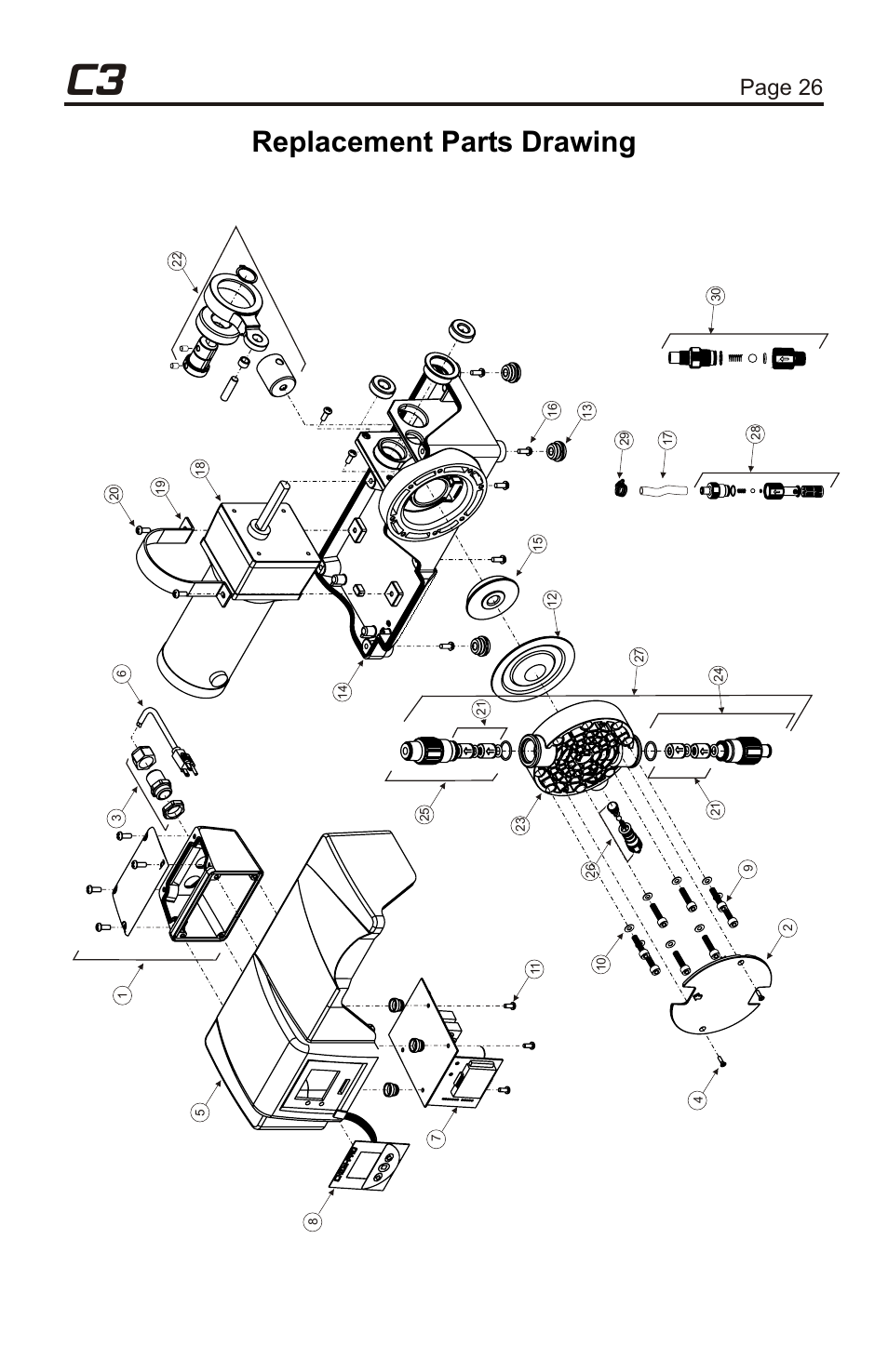 Parts list, Replacement parts drawing, Page 27 | Page 26 | Xylem C3V CHEMICAL METERING PUMPS User Manual | Page 26 / 32