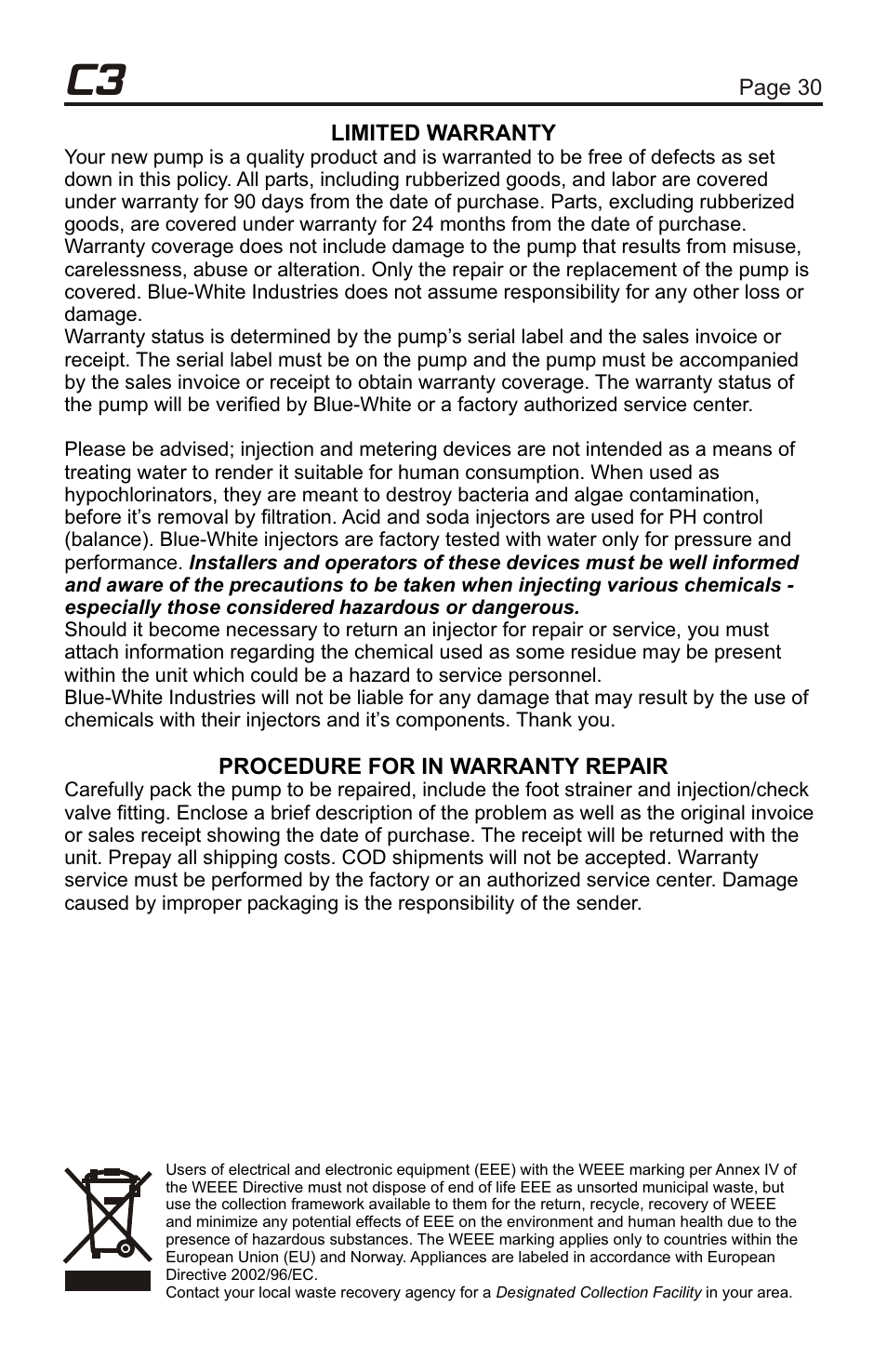 Proseries | Xylem C3V CHEMICAL METERING PUMPS User Manual | Page 30 / 32