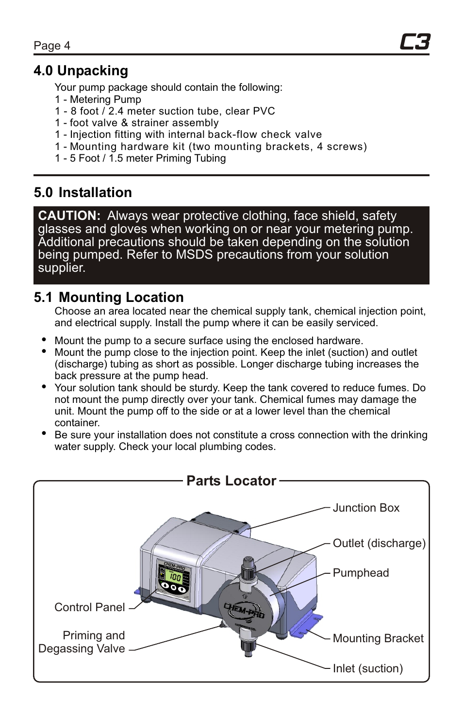 0 installation 5.1 mounting location, Typical installation, Parts locator | 0 unpacking, Extended brackets, Page 4 page 5, Foot valve, Tm tm | Xylem C3V CHEMICAL METERING PUMPS User Manual | Page 4 / 32