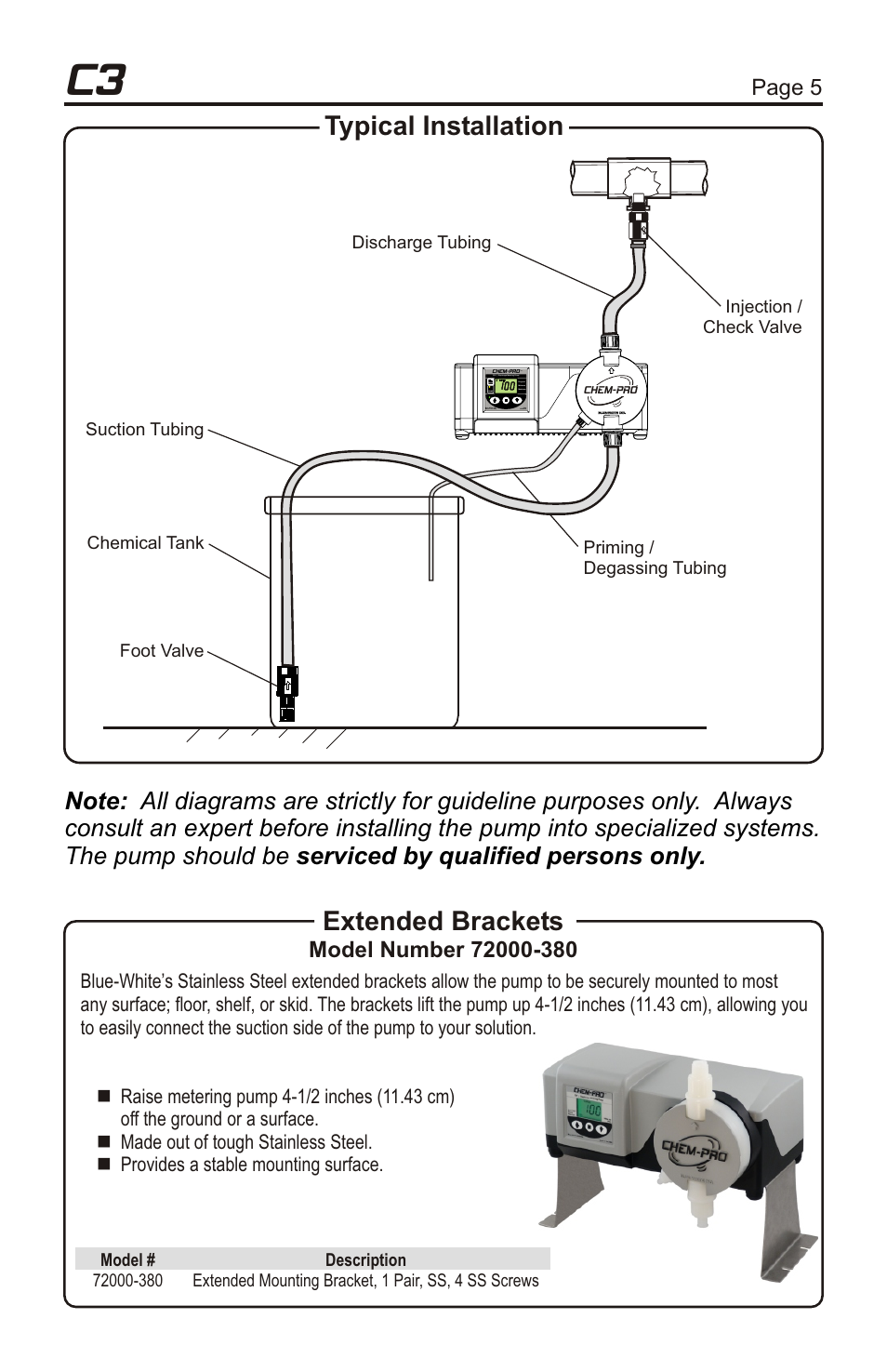 0 installation 5.1 mounting location, Typical installation, Parts locator | 0 unpacking, Extended brackets, Page 4 page 5, Foot valve, Tm tm | Xylem C3V CHEMICAL METERING PUMPS User Manual | Page 5 / 32
