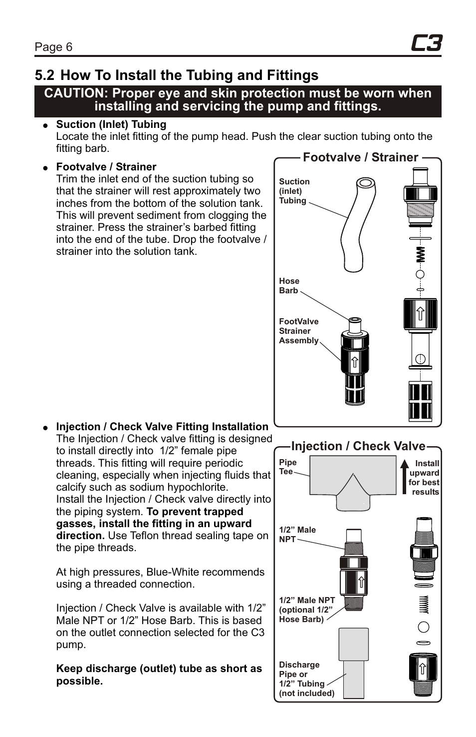 Chem-pro, 2 how to install the tubing and fittings, 3 dfd (diaphragm failure detection) | L -i n d fd bu i t, Page 6 page 7, Footvalve / strainer, Injection / check valve, Dfd sensors diaphragm, Pumphead | Xylem C3V CHEMICAL METERING PUMPS User Manual | Page 6 / 32