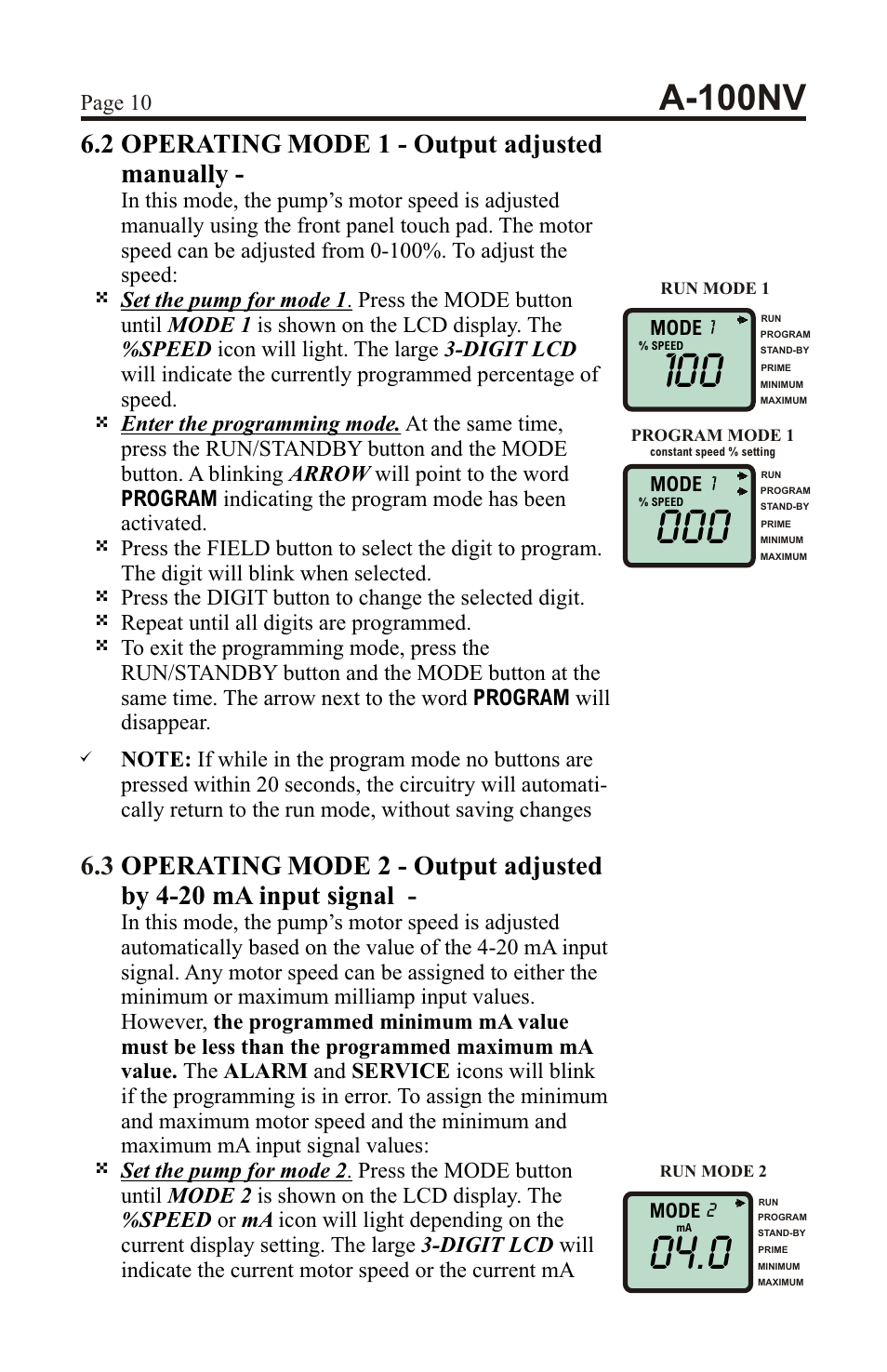 A-100nv, 2 operating mode 1 - output adjusted manually, Page 10 | Xylem A-100NV DIGITAL PERISTALTIC PUMPS User Manual | Page 10 / 24