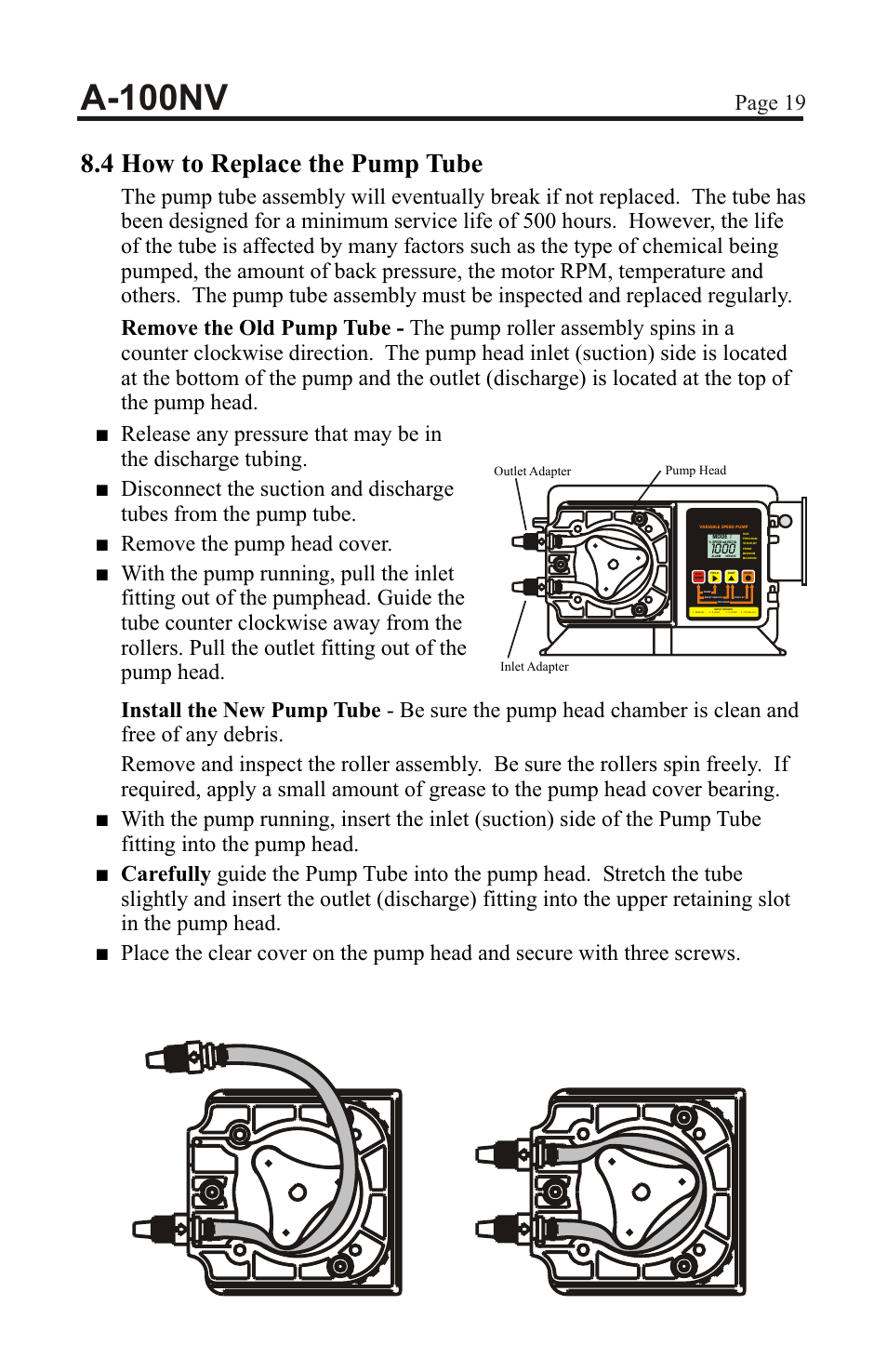 A-100nv, 4 how to replace the pump tube | Xylem A-100NV DIGITAL PERISTALTIC PUMPS User Manual | Page 19 / 24