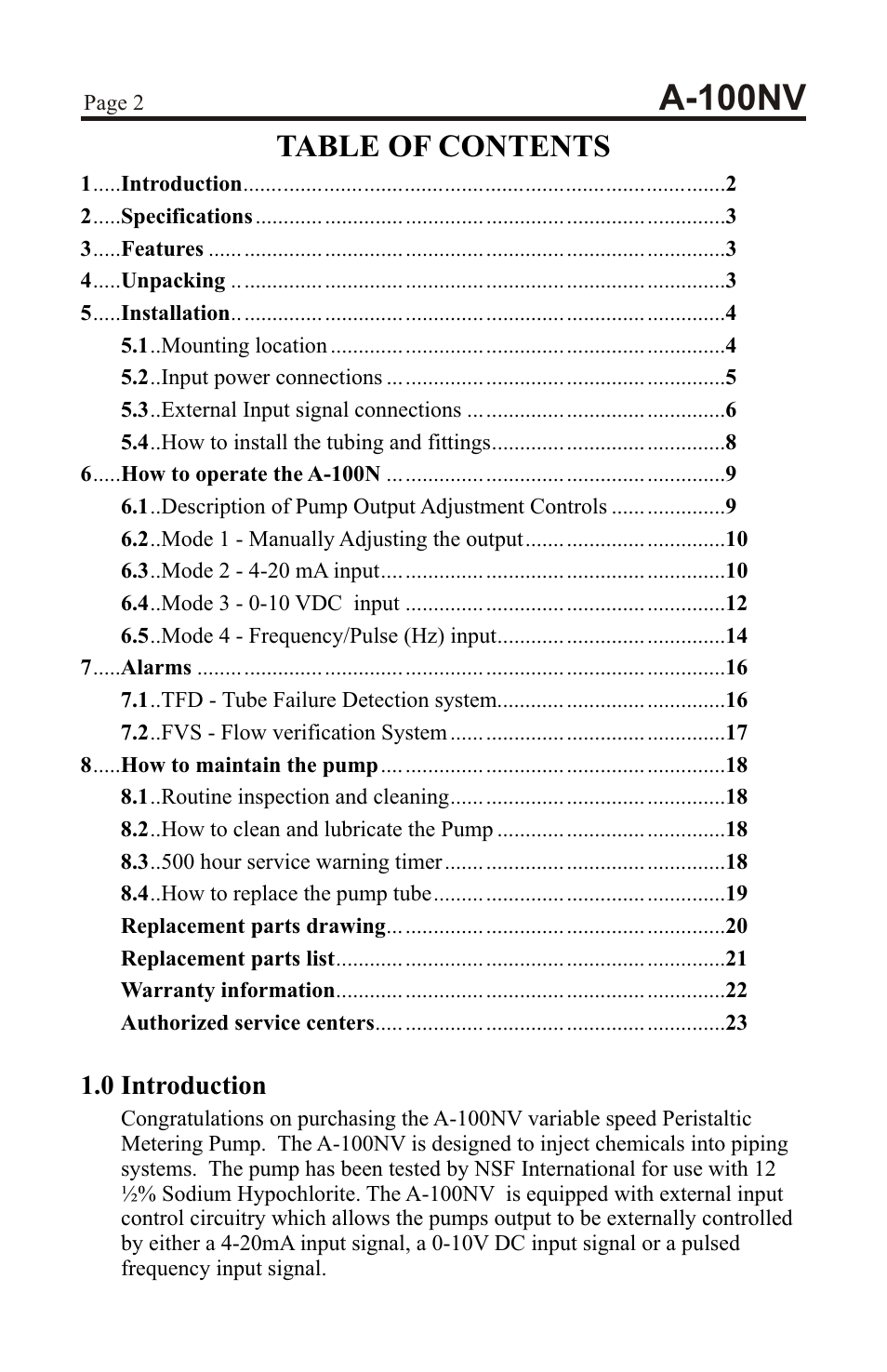 Xylem A-100NV DIGITAL PERISTALTIC PUMPS User Manual | Page 2 / 24