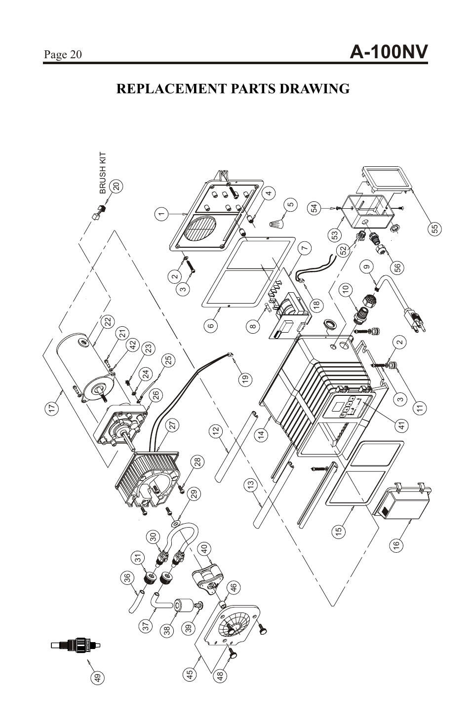 A-100nv, Replacement parts drawing, Page 20 | Xylem A-100NV DIGITAL PERISTALTIC PUMPS User Manual | Page 20 / 24