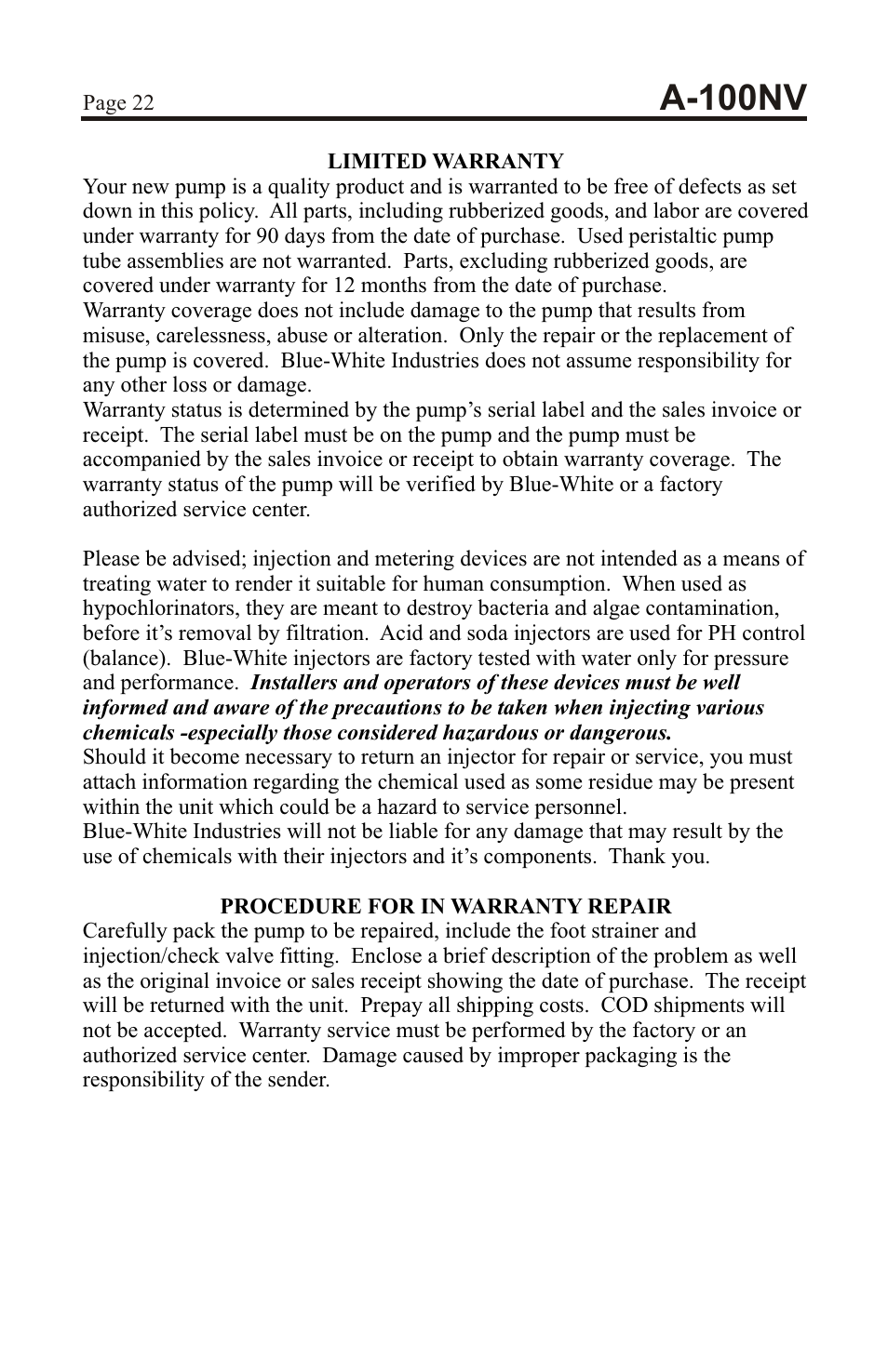 A-100nv | Xylem A-100NV DIGITAL PERISTALTIC PUMPS User Manual | Page 22 / 24