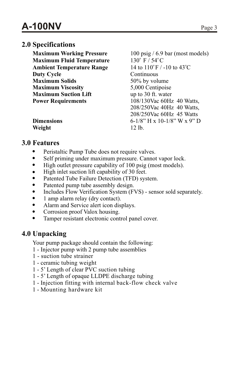 A-100nv, 0 specifications, 0 features | 0 unpacking | Xylem A-100NV DIGITAL PERISTALTIC PUMPS User Manual | Page 3 / 24