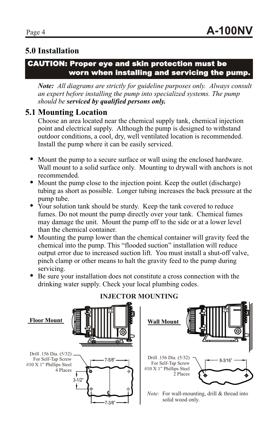 A-100nv, 0 installation, 1 mounting location | Xylem A-100NV DIGITAL PERISTALTIC PUMPS User Manual | Page 4 / 24