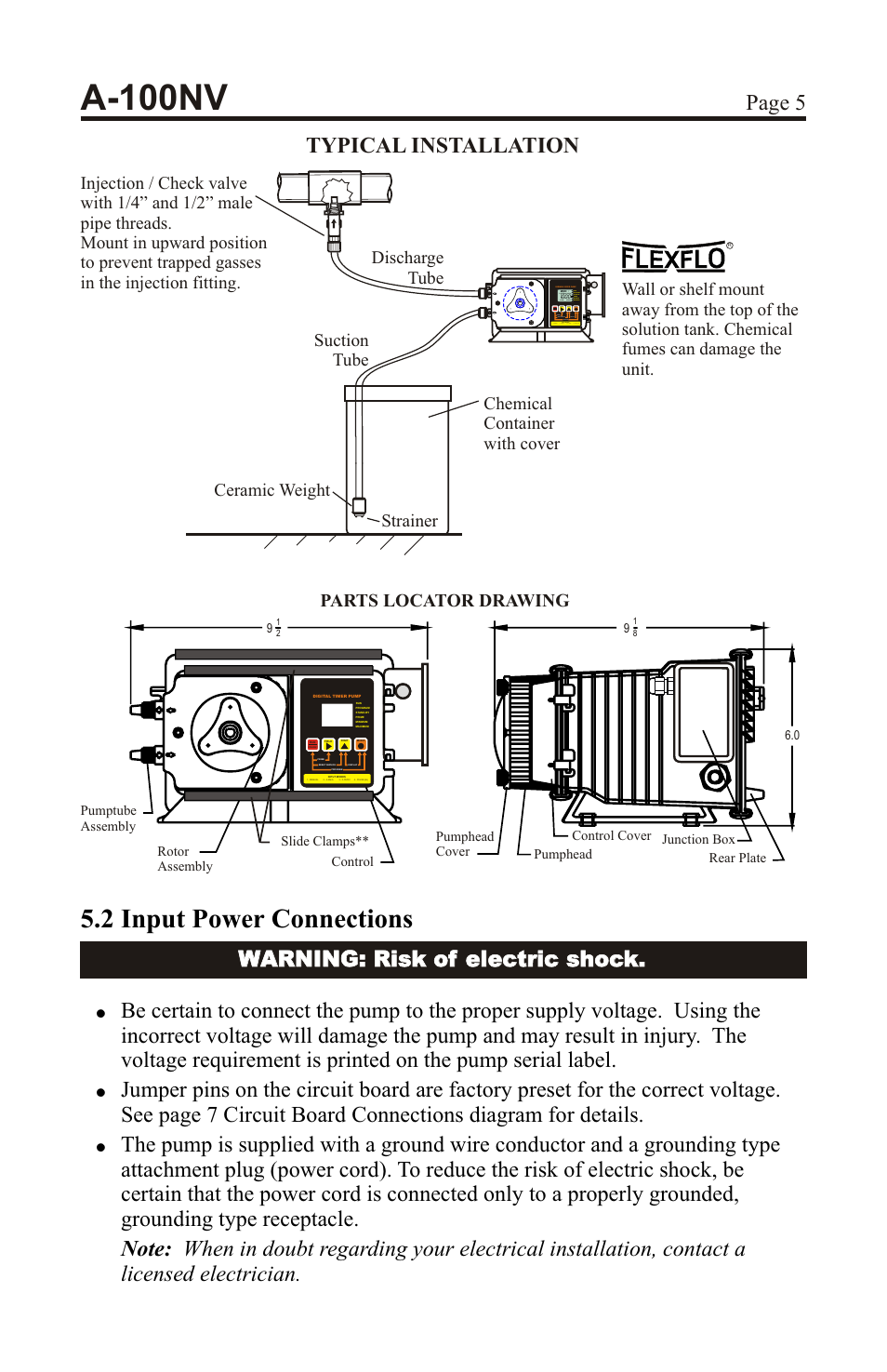 A-100nv, 2 input power connections, Page 5 typical installation | Suction tube chemical container with cover, Parts locator drawing | Xylem A-100NV DIGITAL PERISTALTIC PUMPS User Manual | Page 5 / 24