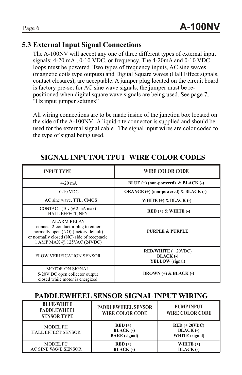 A-100nv, 3 external input signal connections, Signal input/output wire color codes | Paddlewheel sensor signal input wiring, Page 6 | Xylem A-100NV DIGITAL PERISTALTIC PUMPS User Manual | Page 6 / 24