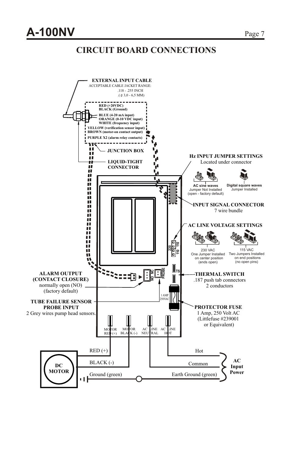 A-100nv, Circuit board connections, Page 7 | Xylem A-100NV DIGITAL PERISTALTIC PUMPS User Manual | Page 7 / 24