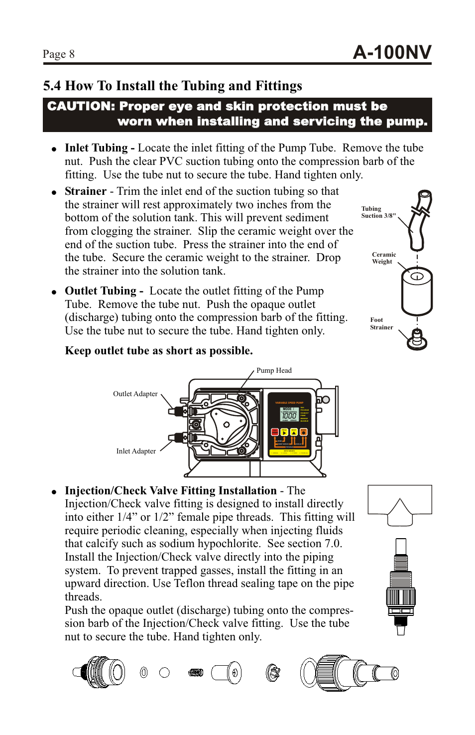 A-100nv, 4 how to install the tubing and fittings, Page 8 | Inlet adapter outlet adapter pump head | Xylem A-100NV DIGITAL PERISTALTIC PUMPS User Manual | Page 8 / 24