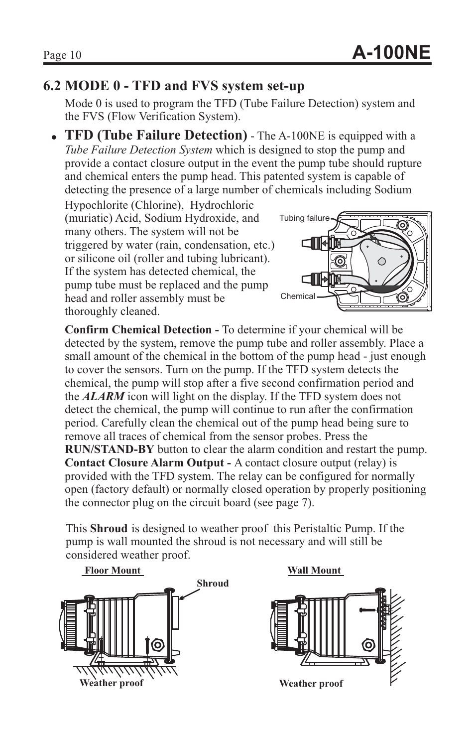 A-100ne, 2 mode 0 - tfd and fvs system set-up, Tfd (tube failure detection) | Xylem A-100NE CHEMICAL PUMPS User Manual | Page 10 / 28