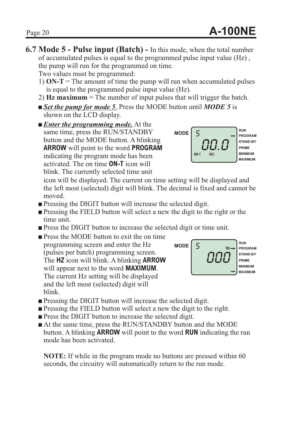 A-100ne, 7 mode 5 - pulse input (batch) | Xylem A-100NE CHEMICAL PUMPS User Manual | Page 20 / 28