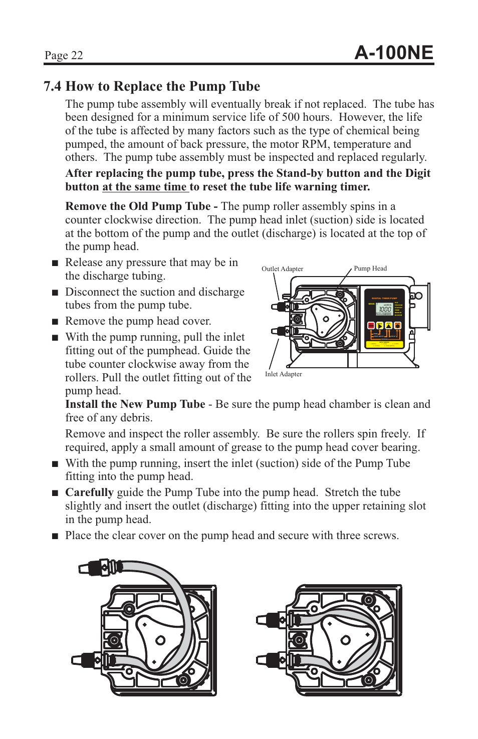 A-100ne, 4 how to replace the pump tube | Xylem A-100NE CHEMICAL PUMPS User Manual | Page 22 / 28