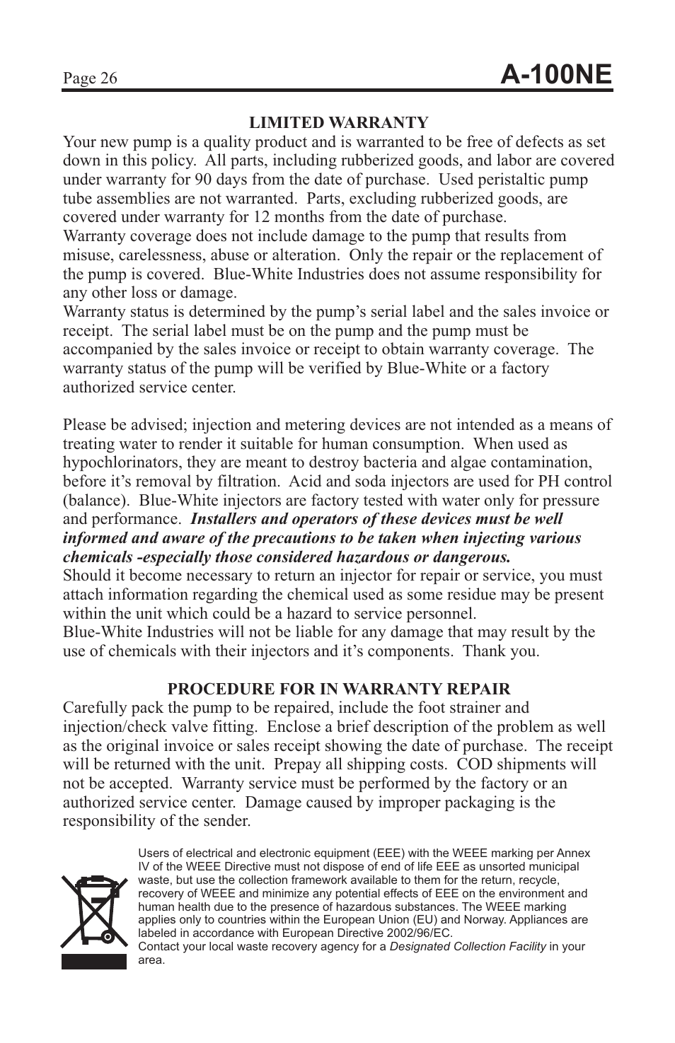 A-100ne | Xylem A-100NE CHEMICAL PUMPS User Manual | Page 26 / 28