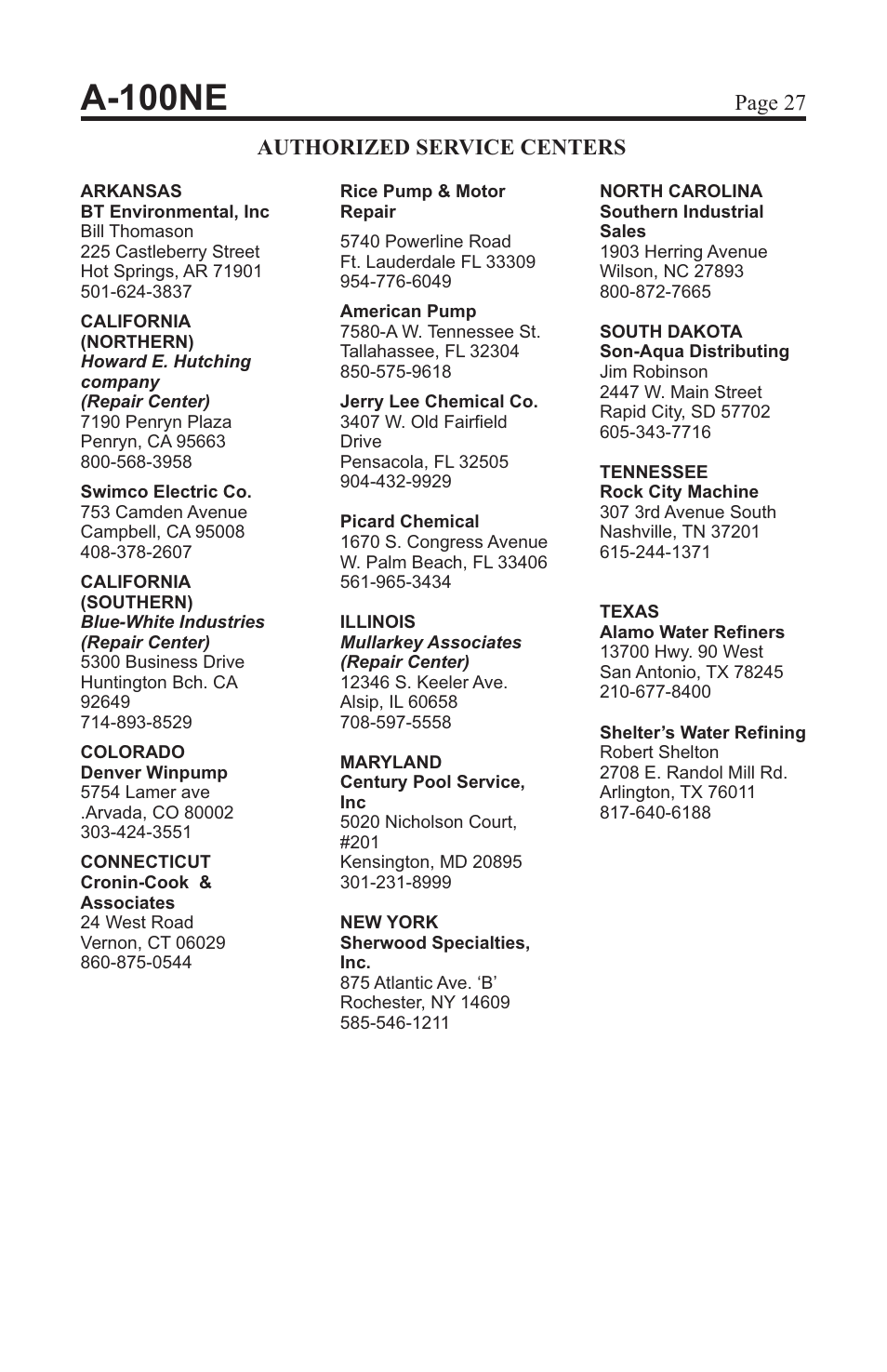 A-100ne, Page 27 authorized service centers | Xylem A-100NE CHEMICAL PUMPS User Manual | Page 27 / 28