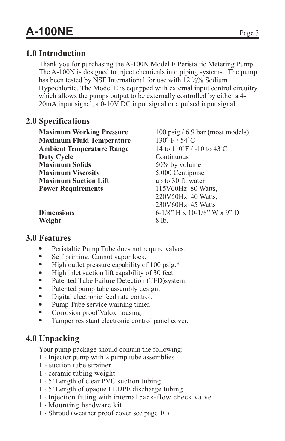 A-100ne, 0 specifications, 0 unpacking | 0 features, 0 introduction | Xylem A-100NE CHEMICAL PUMPS User Manual | Page 3 / 28