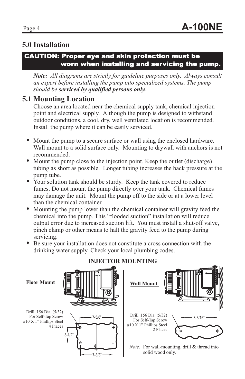 A-100ne, 0 installation, 1 mounting location | Xylem A-100NE CHEMICAL PUMPS User Manual | Page 4 / 28