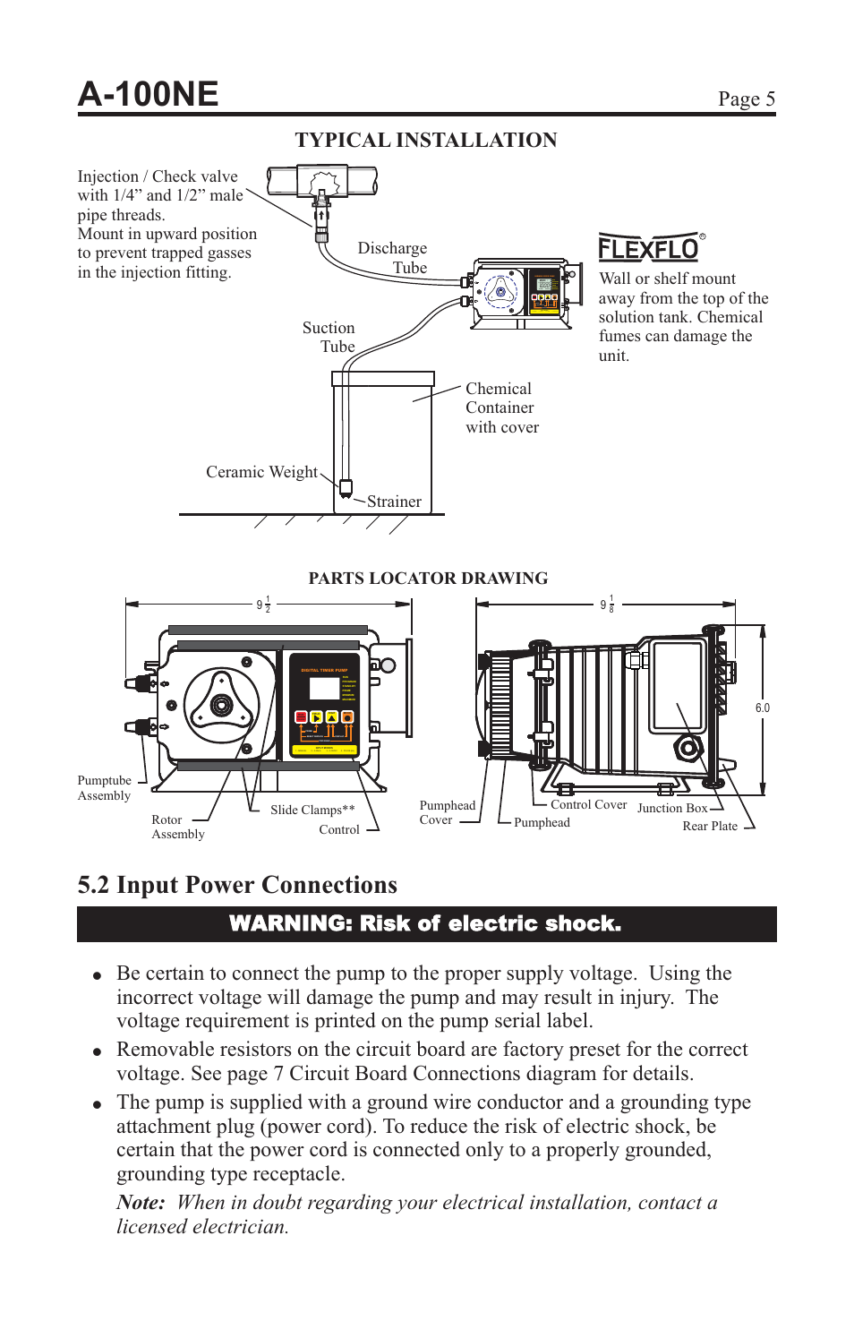 A-100ne, 2 input power connections, Suction tube chemical container with cover | Parts locator drawing | Xylem A-100NE CHEMICAL PUMPS User Manual | Page 5 / 28