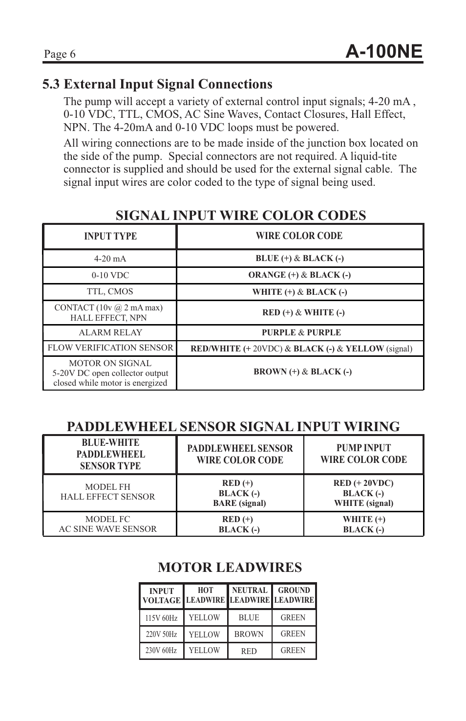 A-100ne, 3 external input signal connections, Motor leadwires signal input wire color codes | Paddlewheel sensor signal input wiring, Page 6 | Xylem A-100NE CHEMICAL PUMPS User Manual | Page 6 / 28