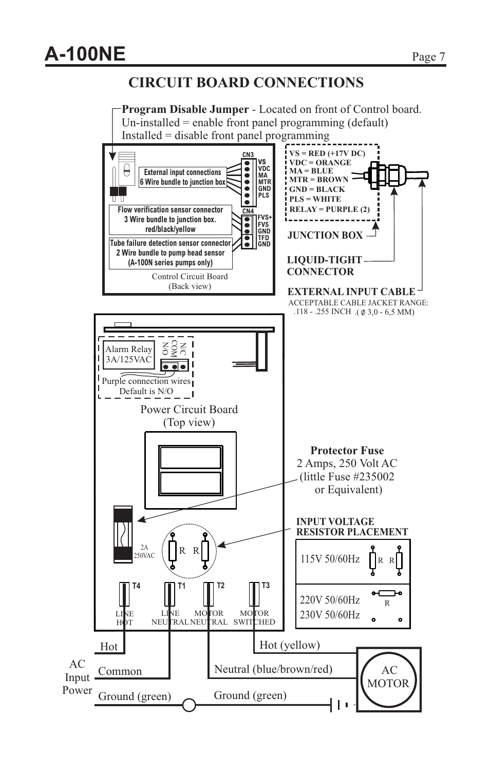 A-100ne, Circuit board connections, Page 7 | Xylem A-100NE CHEMICAL PUMPS User Manual | Page 7 / 28