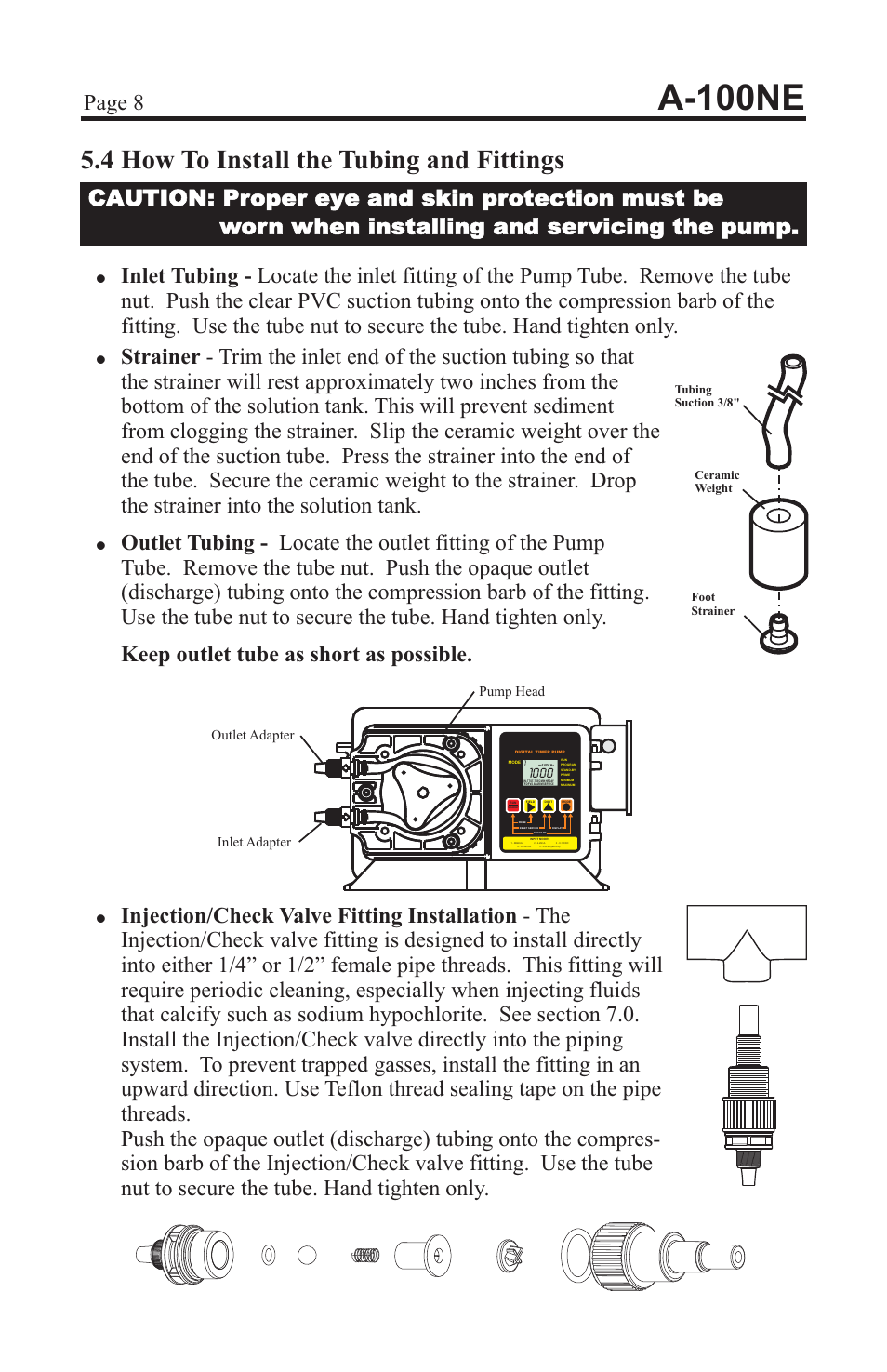 A-100ne, 4 how to install the tubing and fittings, Page 8 | Inlet adapter outlet adapter pump head | Xylem A-100NE CHEMICAL PUMPS User Manual | Page 8 / 28