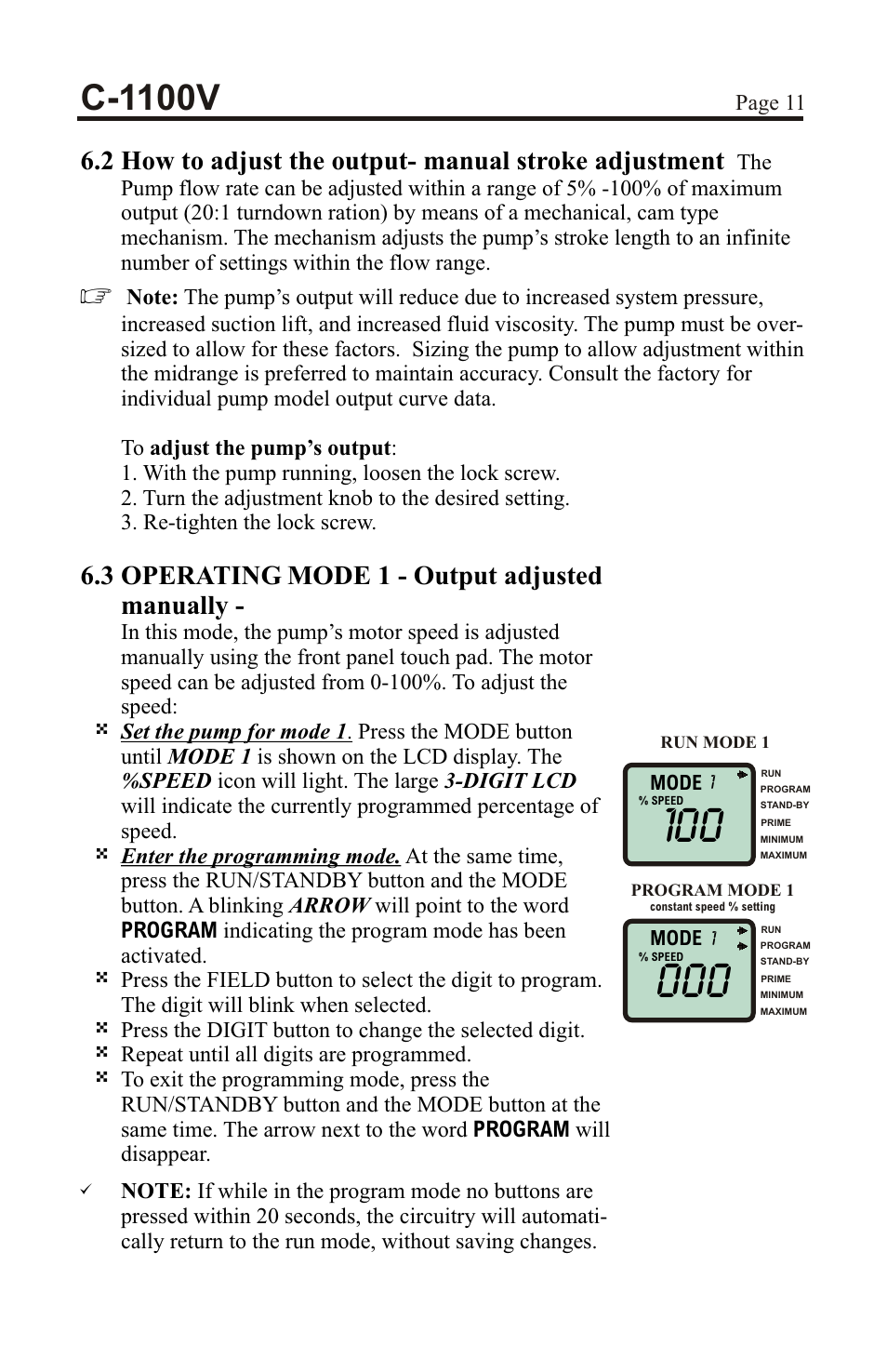 C-1100v, 3 operating mode 1 - output adjusted manually | Xylem C-1100V DIAPHRAGM METERING PUMPS User Manual | Page 11 / 28