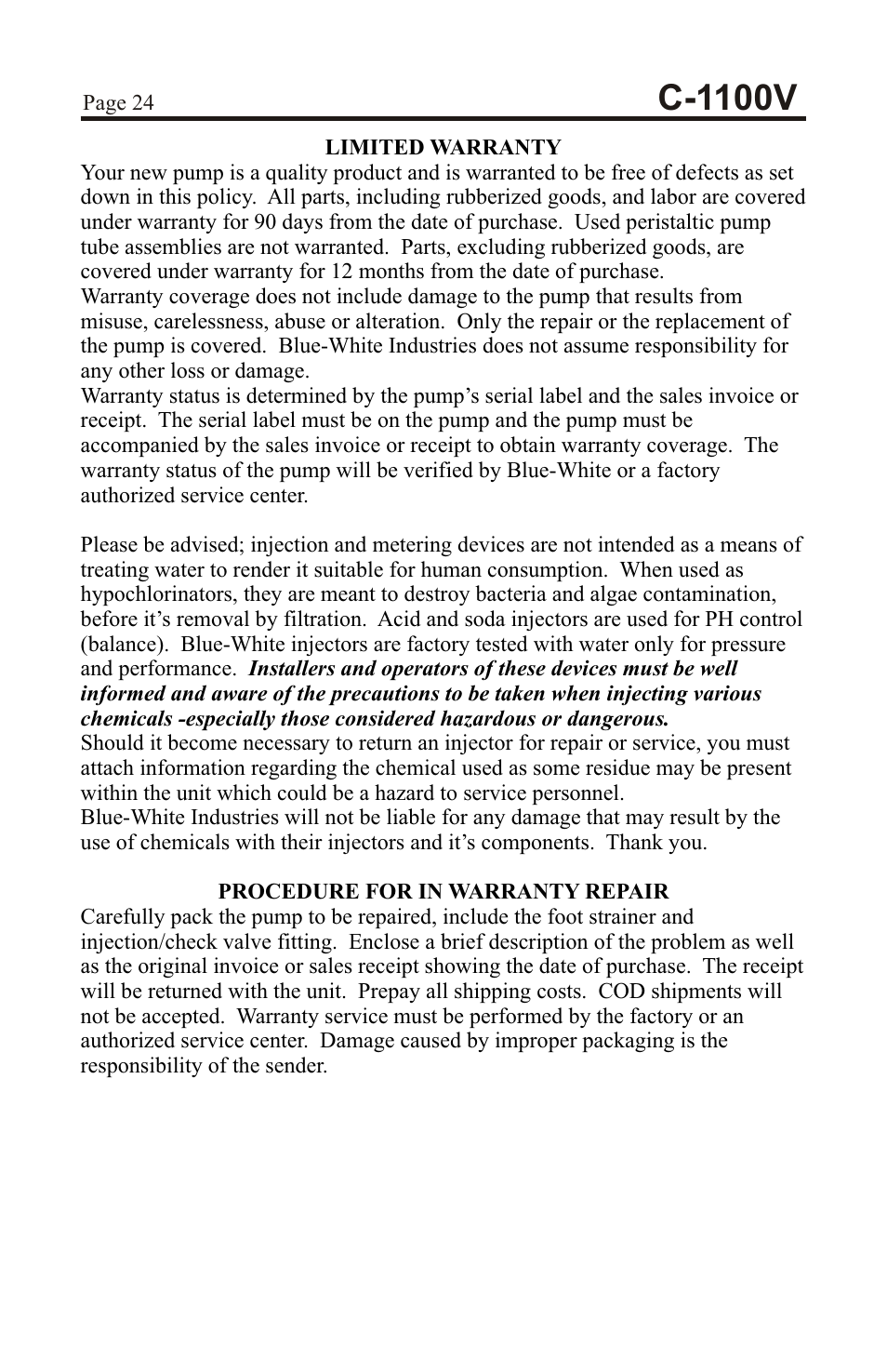 C-1100v | Xylem C-1100V DIAPHRAGM METERING PUMPS User Manual | Page 24 / 28