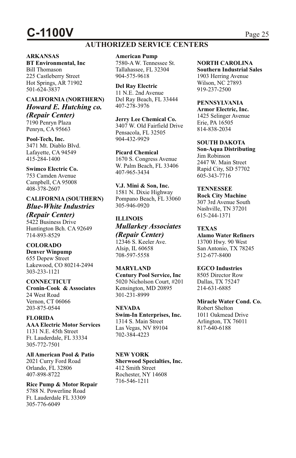 C-1100v, Page 25, Howard e. hutching co | Repair center), Blue-white industries, Mullarkey associates, Authorized service centers | Xylem C-1100V DIAPHRAGM METERING PUMPS User Manual | Page 25 / 28