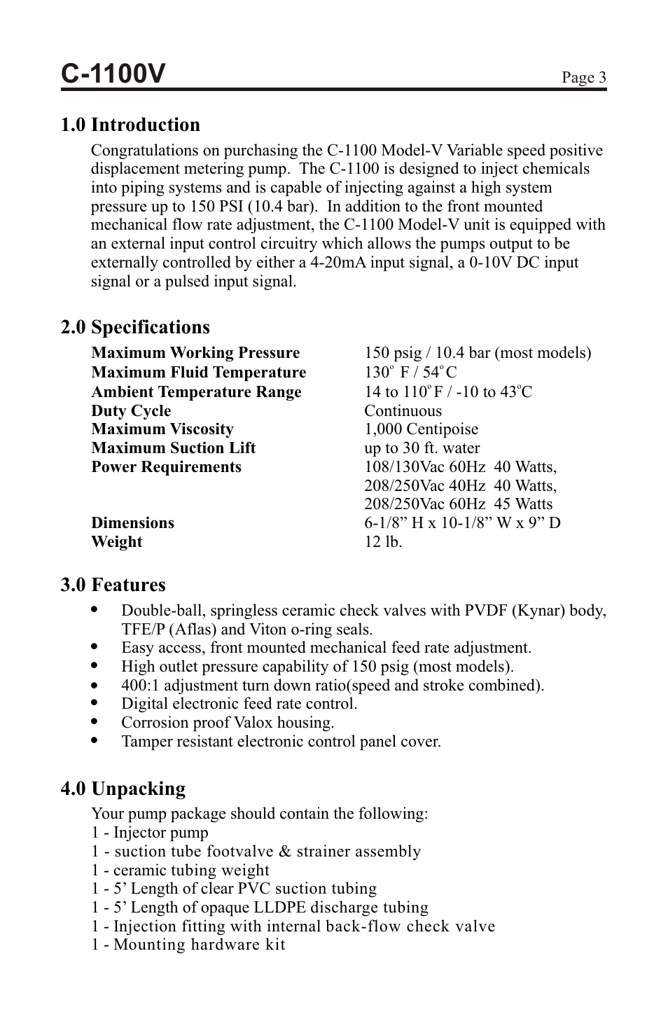 C-1100v, 0 specifications, 0 introduction | 0 unpacking, 0 features | Xylem C-1100V DIAPHRAGM METERING PUMPS User Manual | Page 3 / 28