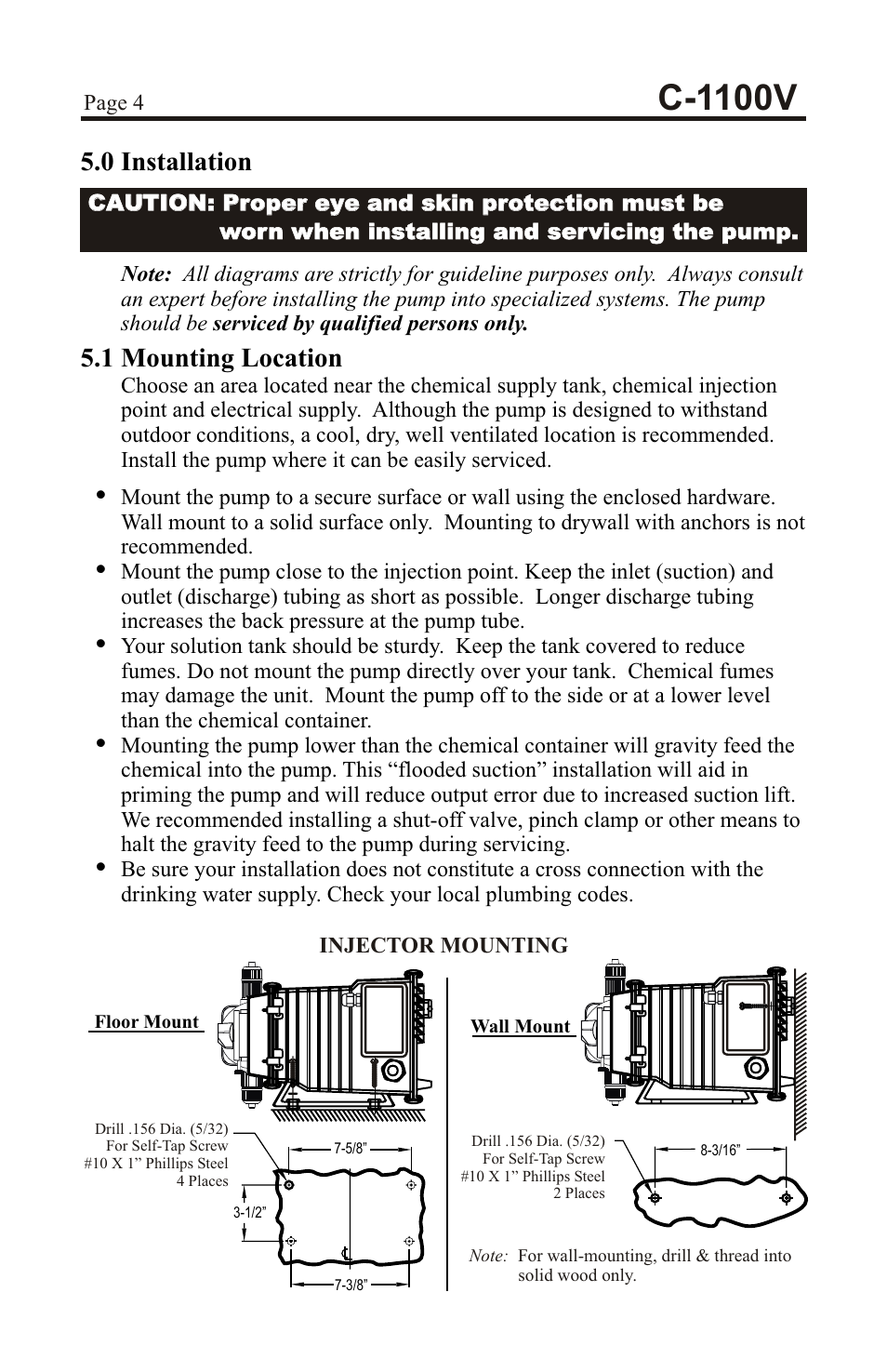 C-1100v, 0 installation, 1 mounting location | Xylem C-1100V DIAPHRAGM METERING PUMPS User Manual | Page 4 / 28