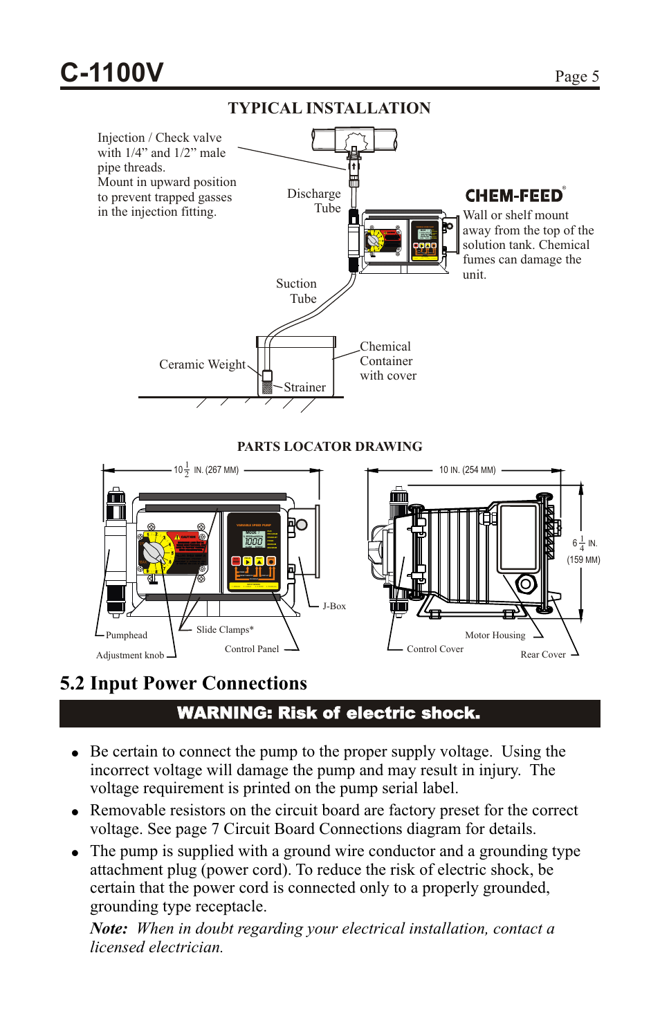 C-1100v, 2 input power connections, Page 5 typical installation | Parts locator drawing | Xylem C-1100V DIAPHRAGM METERING PUMPS User Manual | Page 5 / 28