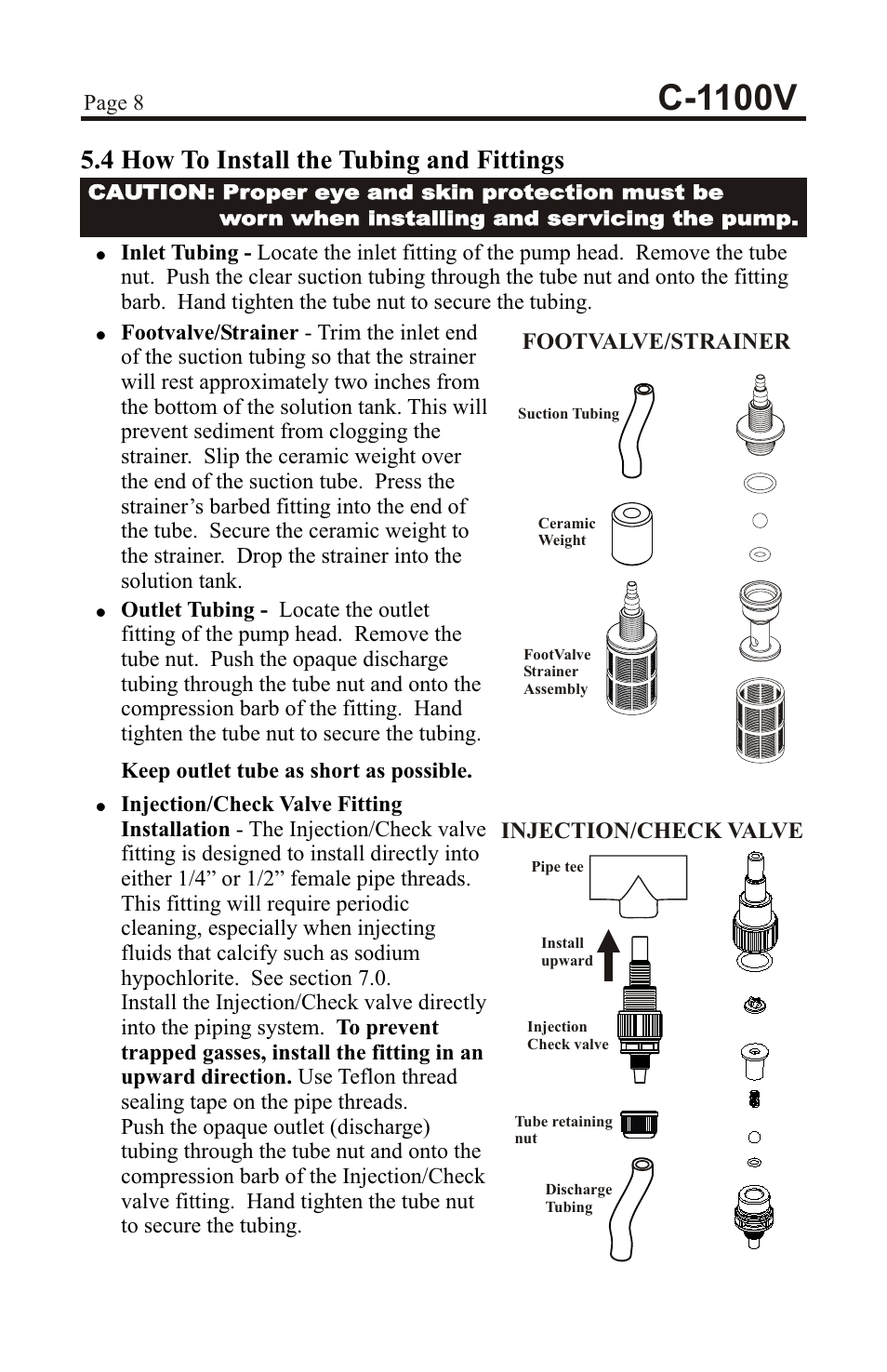 C-1100v, 4 how to install the tubing and fittings | Xylem C-1100V DIAPHRAGM METERING PUMPS User Manual | Page 8 / 28