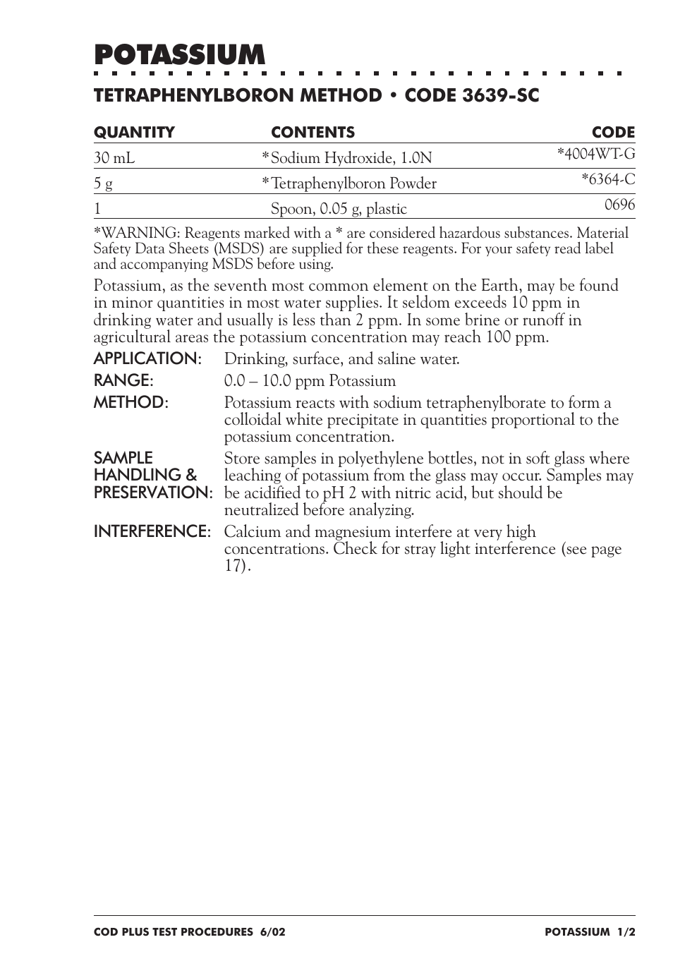 Potassium | LaMotte COD Plus Colorimeter 1922-EX2 User Manual | Page 110 / 133