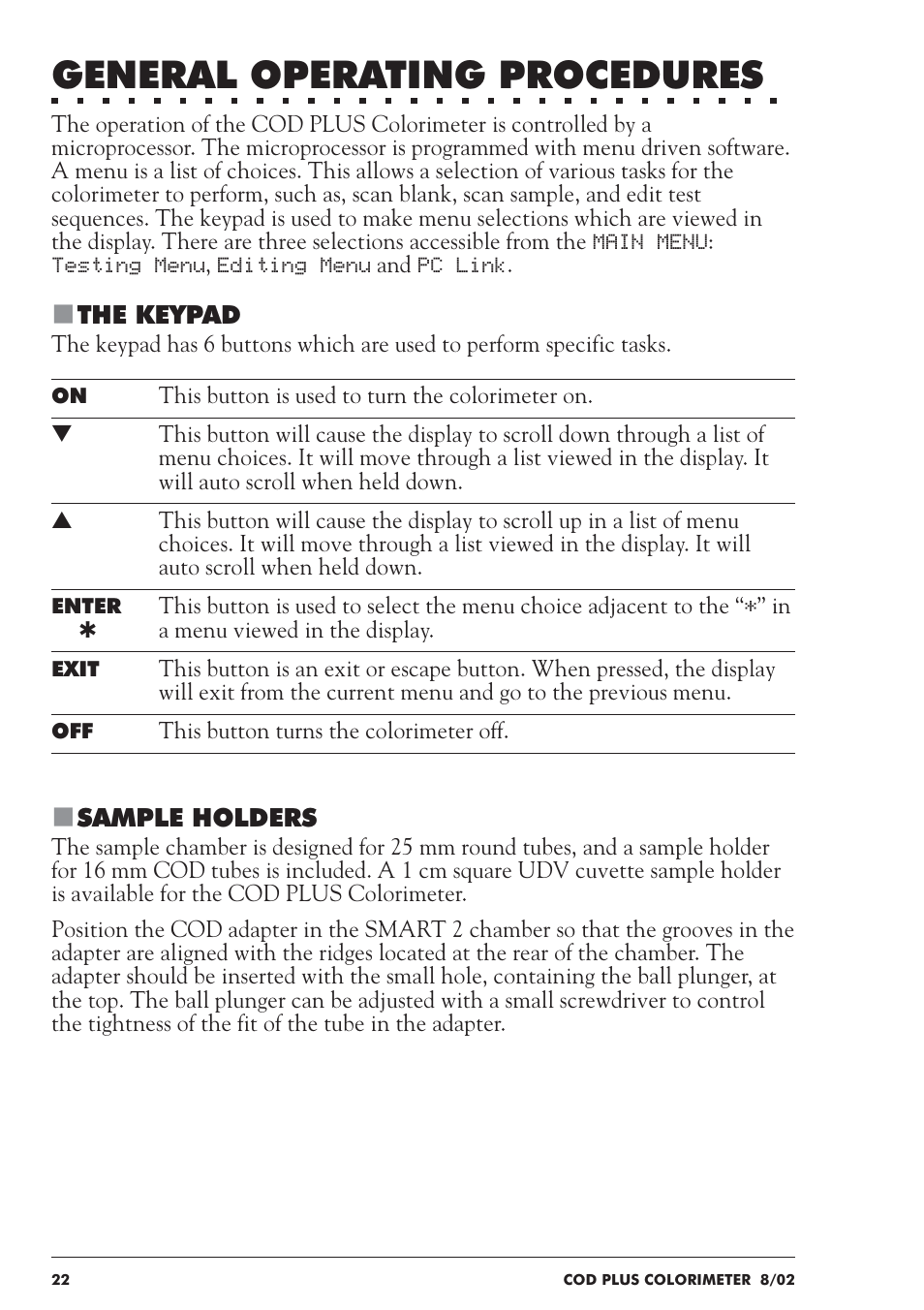 General operating procedures | LaMotte COD Plus Colorimeter 1922-EX2 User Manual | Page 22 / 133