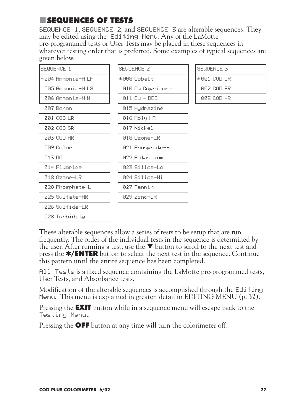 Sequences of tests | LaMotte COD Plus Colorimeter 1922-EX2 User Manual | Page 27 / 133