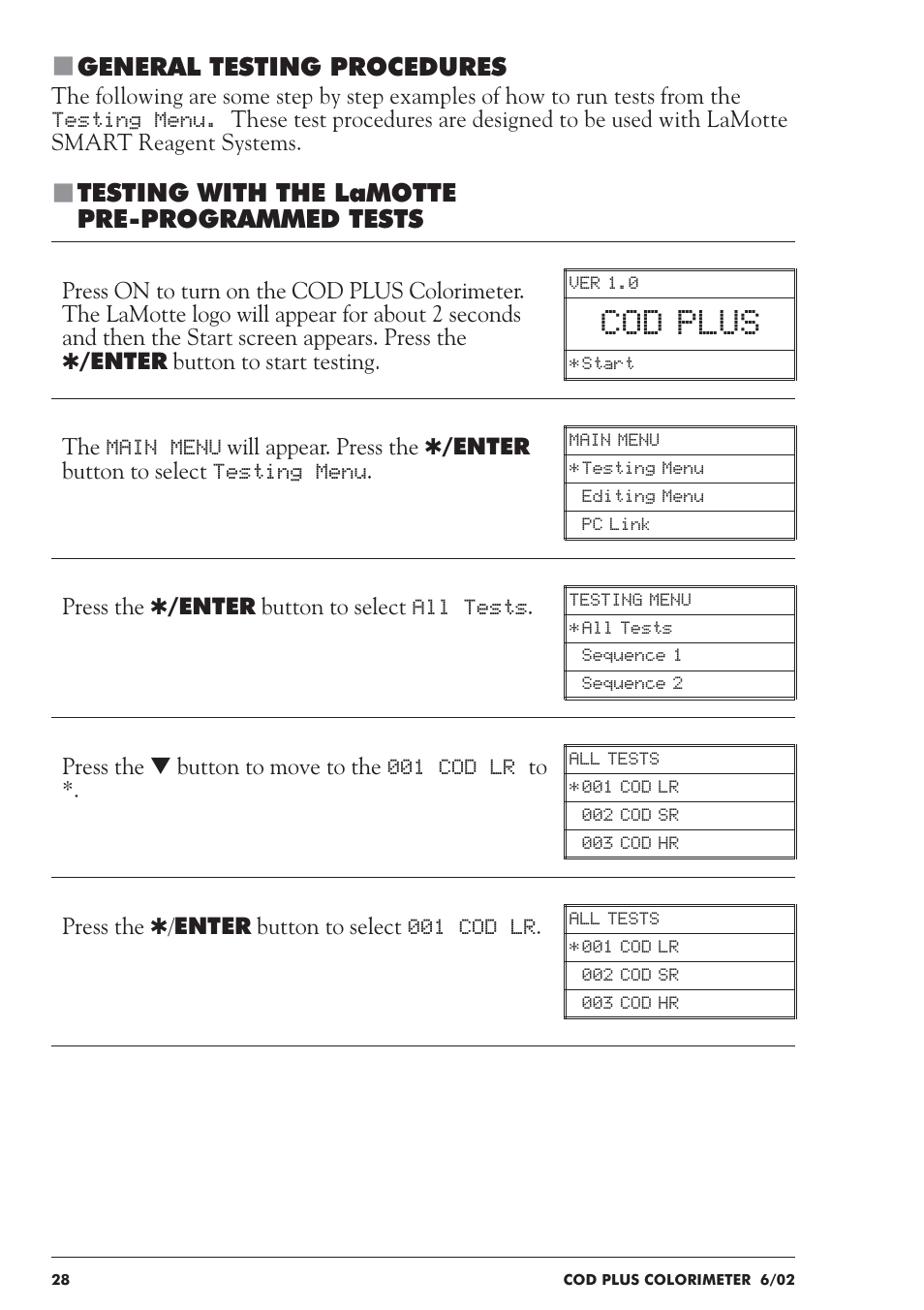 Cod plus, General testing procedures, Testing with the lamotte pre-programmed tests | LaMotte COD Plus Colorimeter 1922-EX2 User Manual | Page 28 / 133