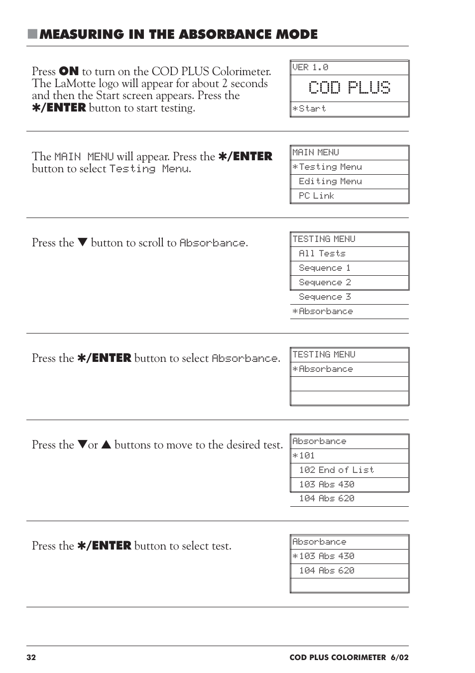 Cod plus, Measuring in the absorbance mode | LaMotte COD Plus Colorimeter 1922-EX2 User Manual | Page 32 / 133