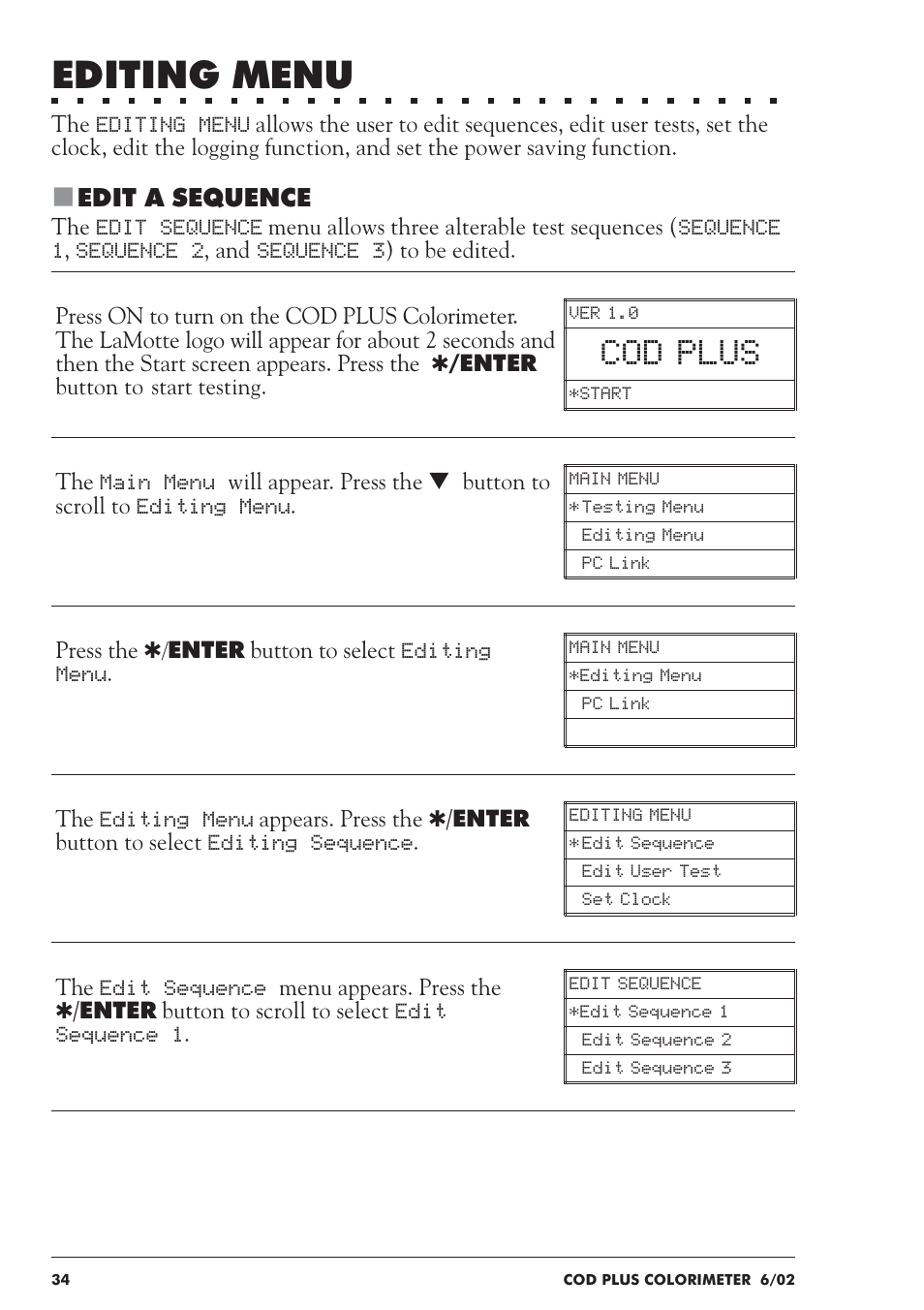 Editing menu, Cod plus | LaMotte COD Plus Colorimeter 1922-EX2 User Manual | Page 34 / 133