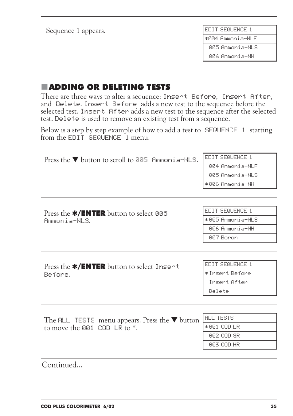 Adding or deleting tests, Continued | LaMotte COD Plus Colorimeter 1922-EX2 User Manual | Page 35 / 133