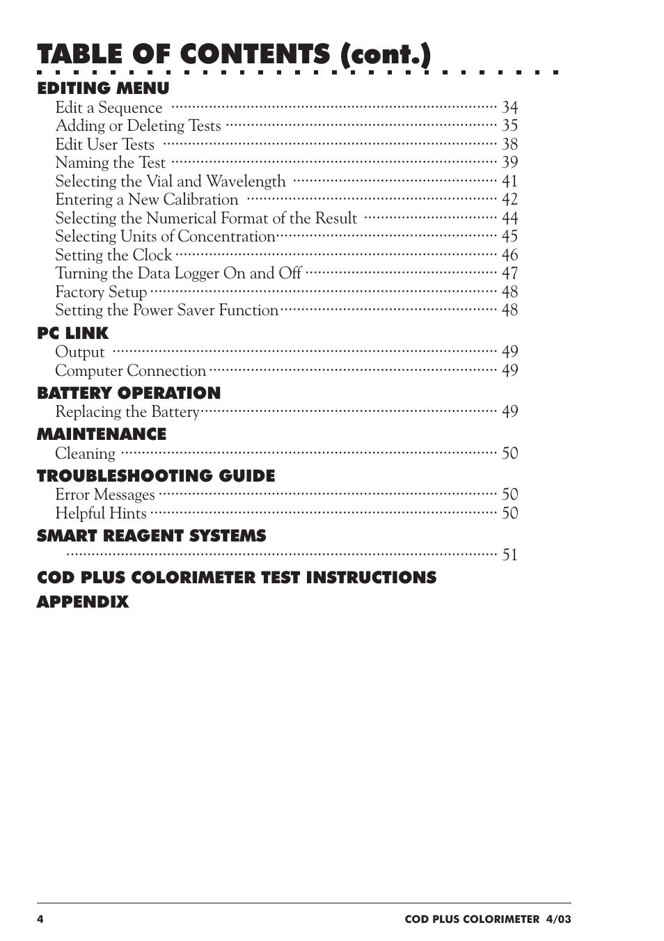 Table of contents (cont.) | LaMotte COD Plus Colorimeter 1922-EX2 User Manual | Page 4 / 133