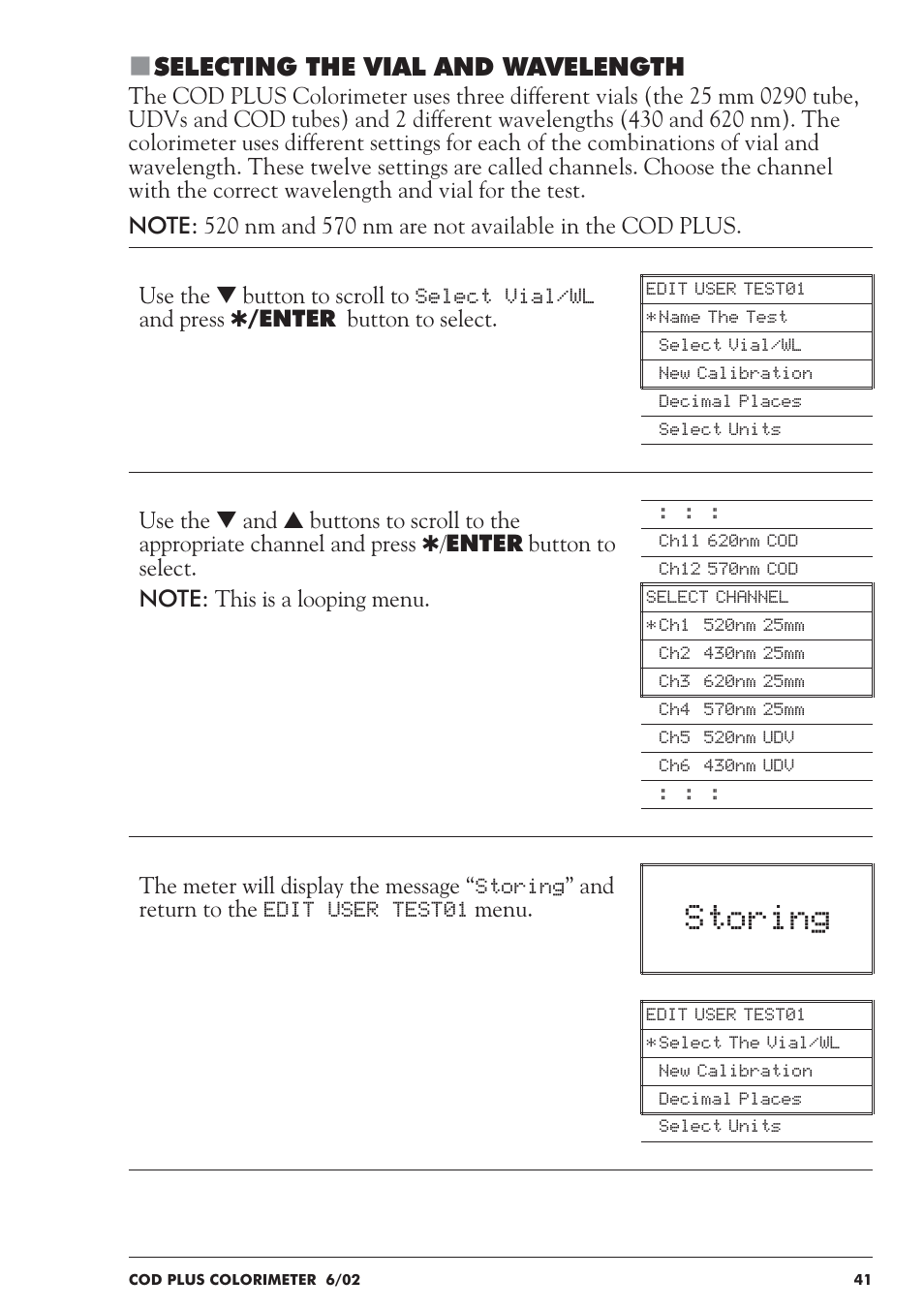 Storing, Selecting the vial and wavelength | LaMotte COD Plus Colorimeter 1922-EX2 User Manual | Page 41 / 133