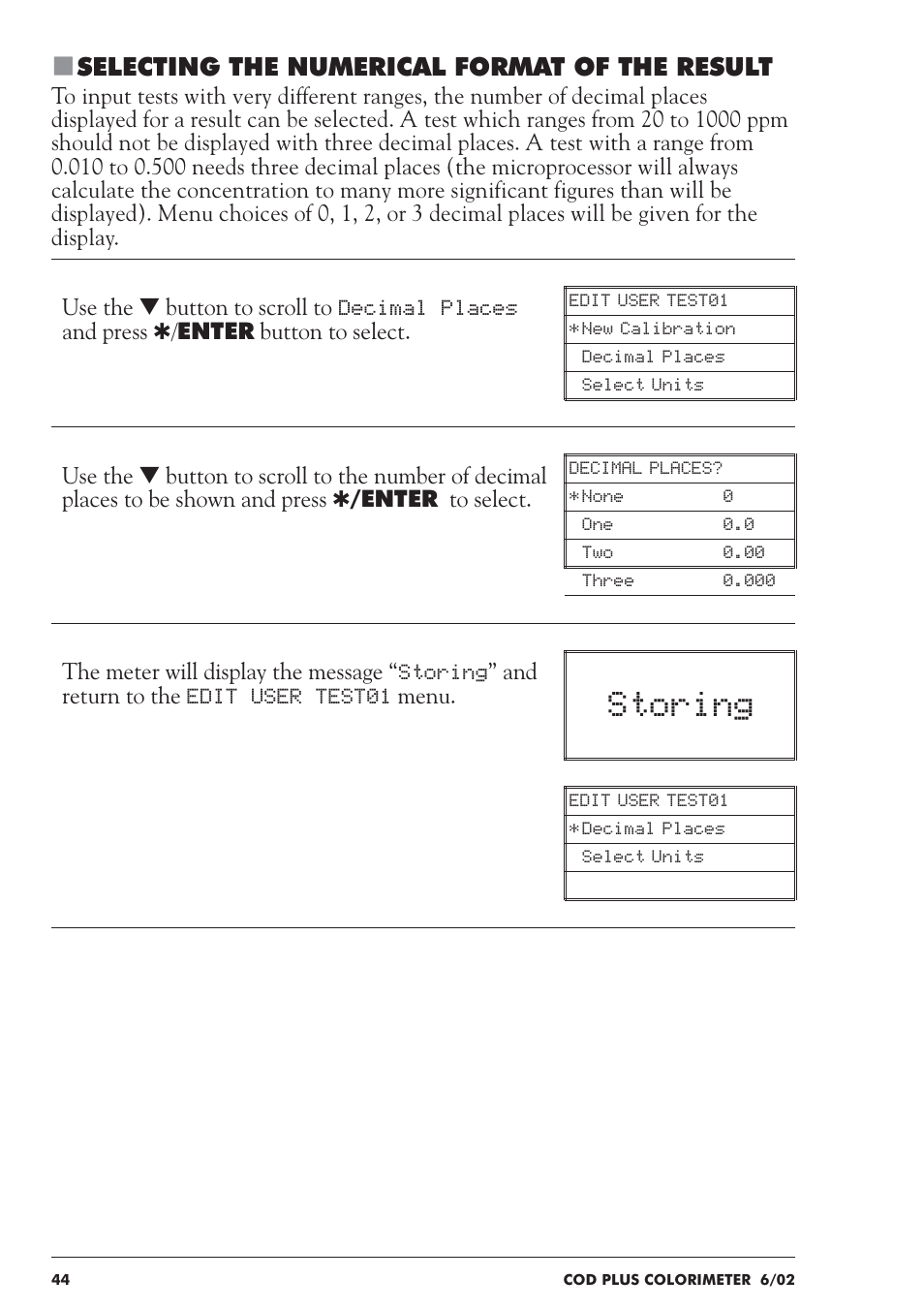 Storing, Selecting the numerical format of the result | LaMotte COD Plus Colorimeter 1922-EX2 User Manual | Page 44 / 133