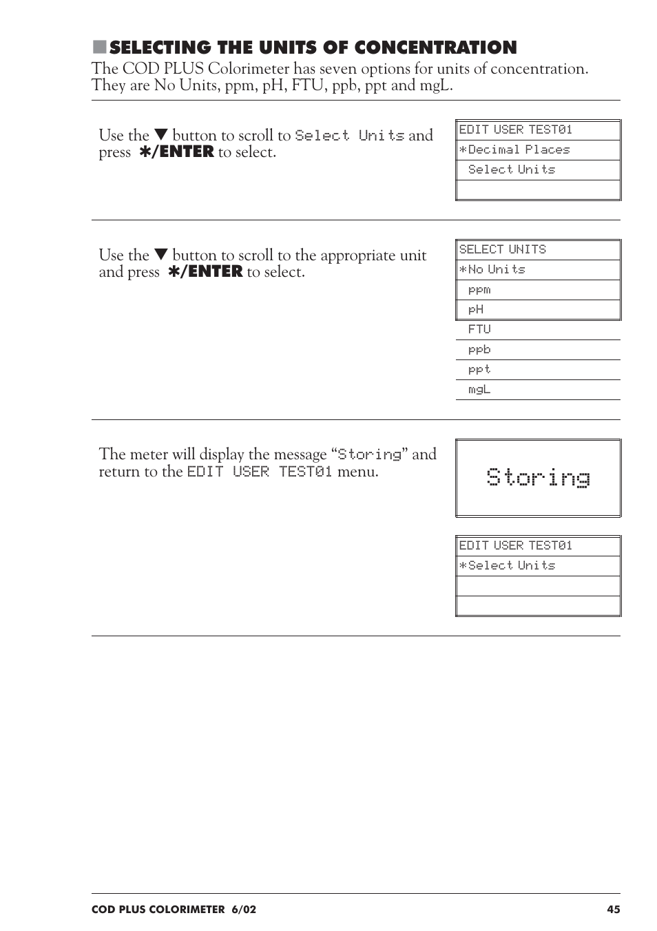 Storing, Selecting the units of concentration | LaMotte COD Plus Colorimeter 1922-EX2 User Manual | Page 45 / 133