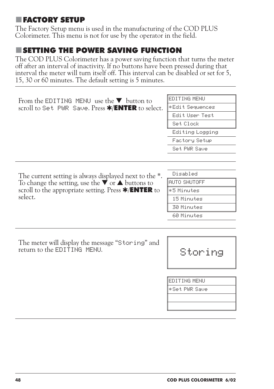 Storing, Factory setup, Setting the power saving function | LaMotte COD Plus Colorimeter 1922-EX2 User Manual | Page 48 / 133