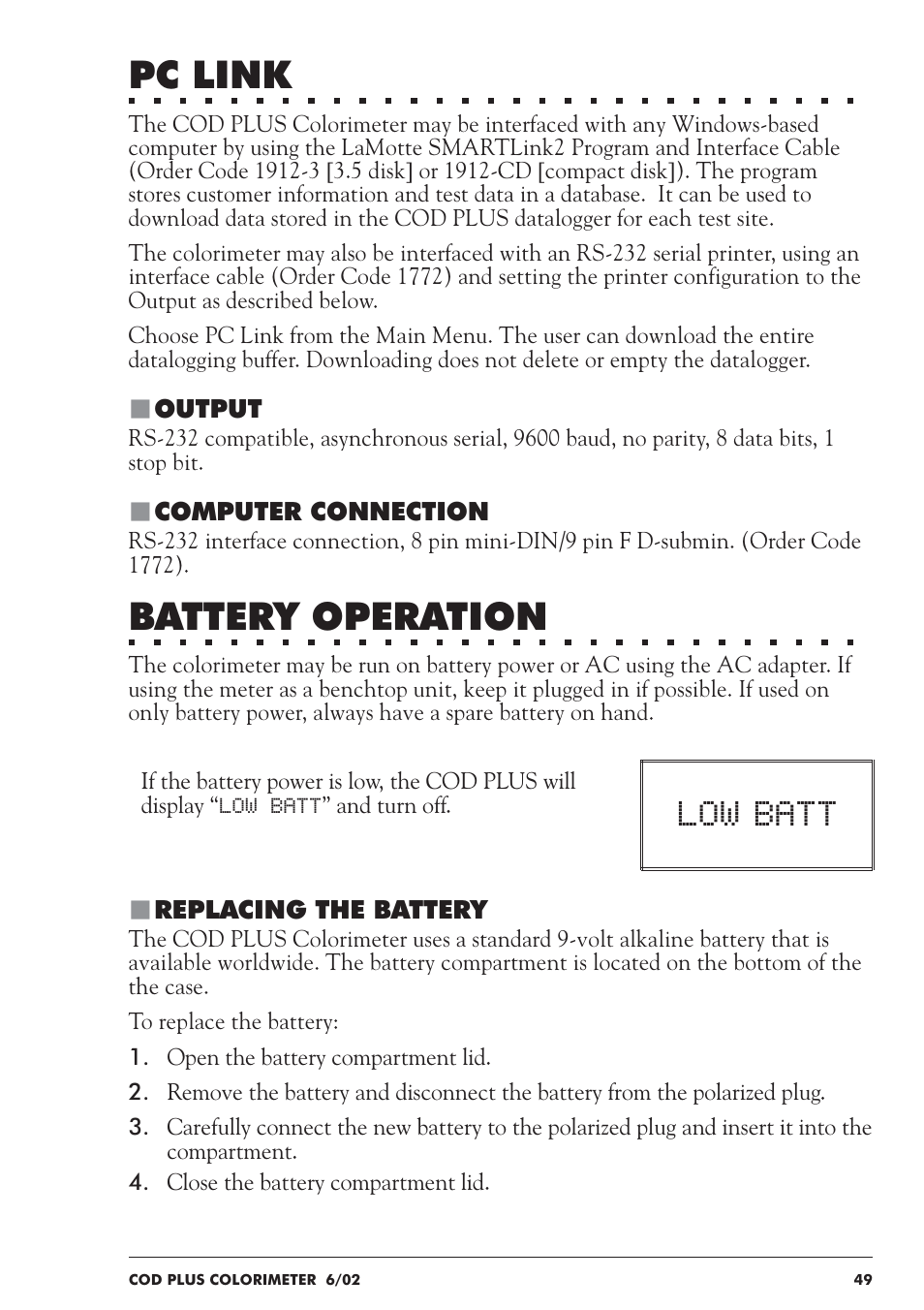 Pc link, Battery operation, Low batt | LaMotte COD Plus Colorimeter 1922-EX2 User Manual | Page 49 / 133
