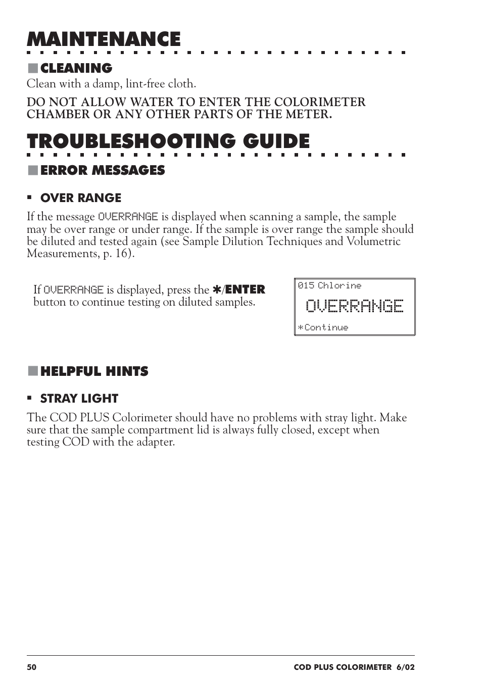 Maintenance, Troubleshooting guide, Overrange | LaMotte COD Plus Colorimeter 1922-EX2 User Manual | Page 50 / 133