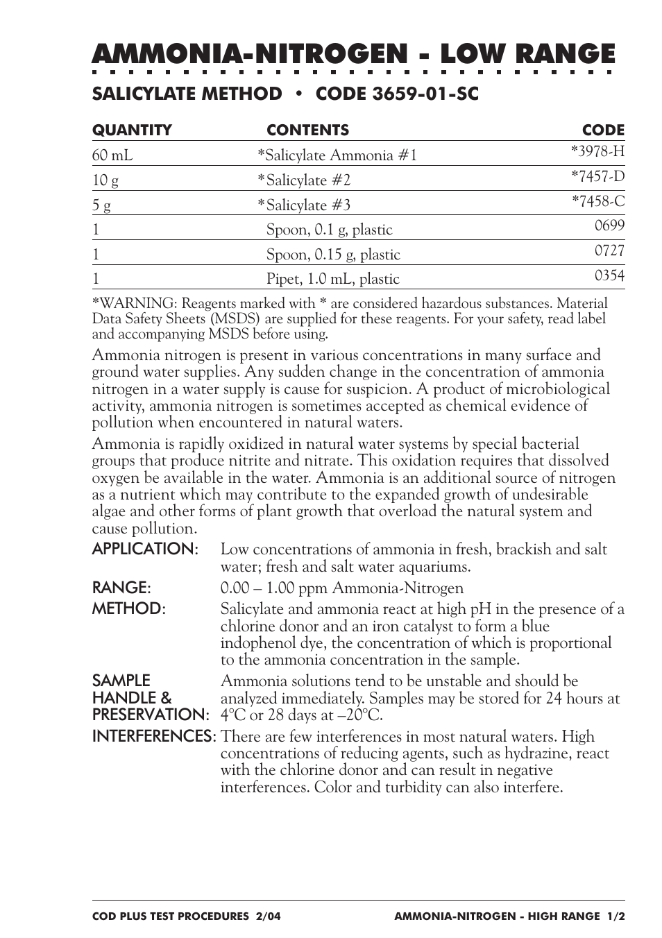 Ammonia-nitrogen - low range | LaMotte COD Plus Colorimeter 1922-EX2 User Manual | Page 68 / 133