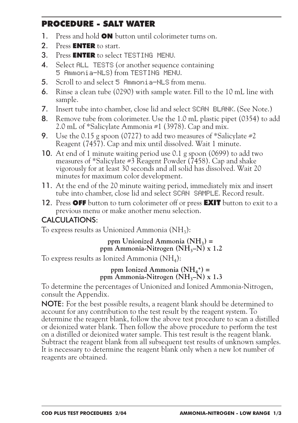 Procedure - salt water | LaMotte COD Plus Colorimeter 1922-EX2 User Manual | Page 70 / 133